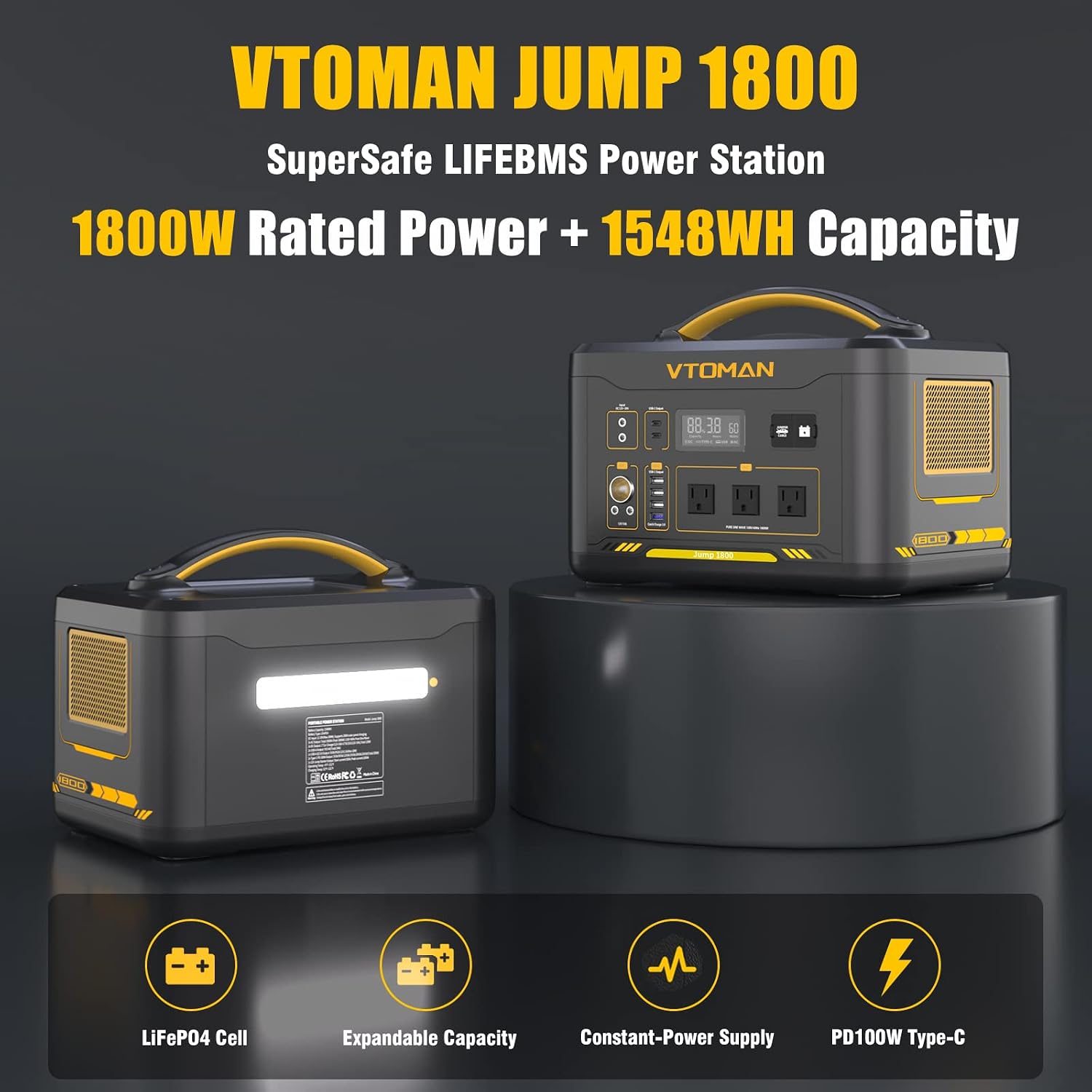 VTOMAN Jump 1800 Portable Power Station with 110W Solar Panel, 1800W/1548Wh LiFePO4 Battery Solar Generator with 1800W Constant-Power, PD 100W Type-C, Capacity Expandable for Camping, Home Backup