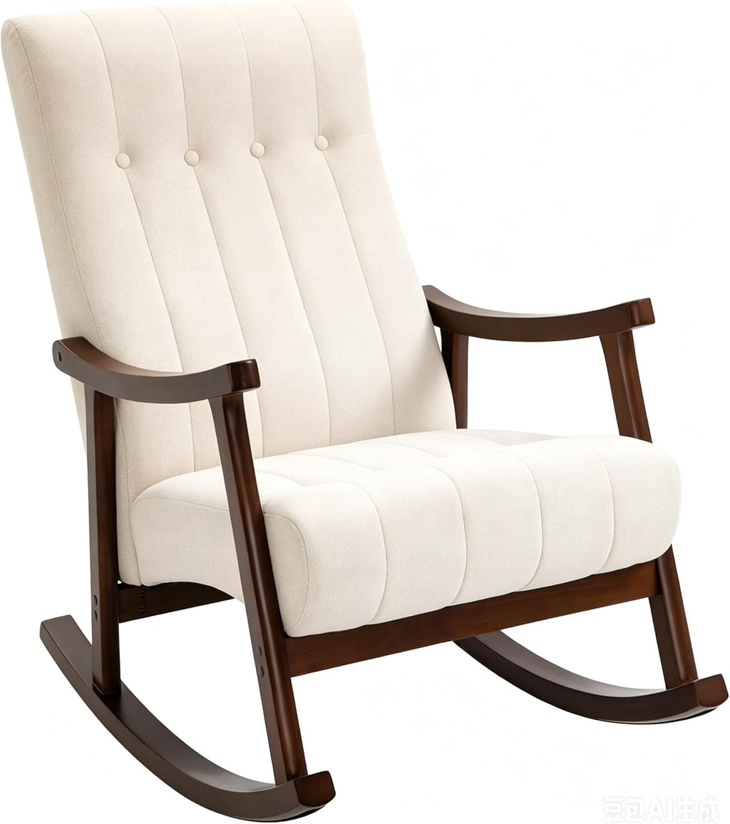 AVAWING Upholstered Rocking Chair with Fabric Padded Seat, Comfortable Rocker Solid Wood for Living Room, Modern High Back Armchair for Adult, Beige
