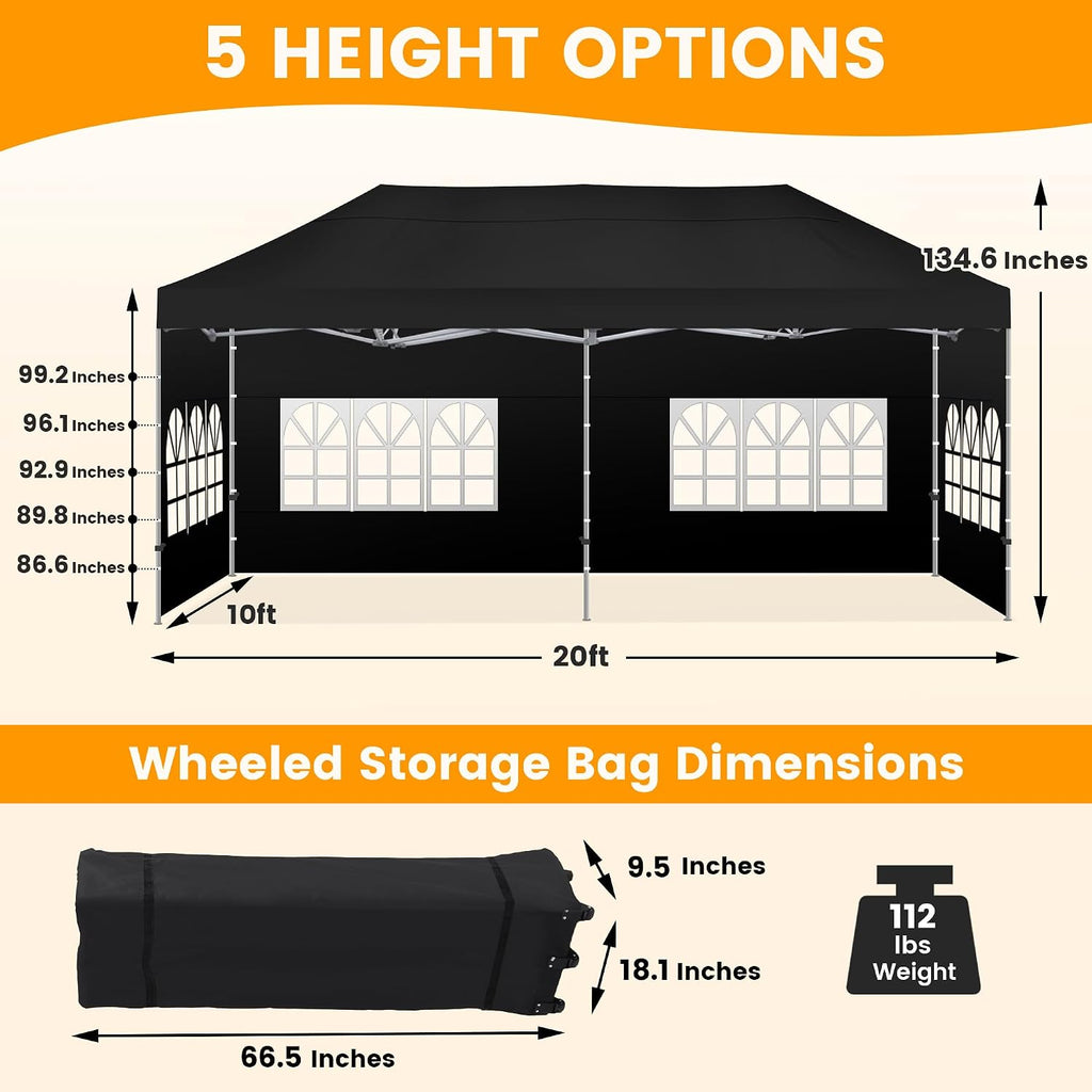 Kromax 10X20' Portable Pop Up Canopy Tent, Waterproof Foldable Outdoor Canopy,Heavy Duty Gazebo, Sidewalls, Steel Frame, Easy Set Up, Black