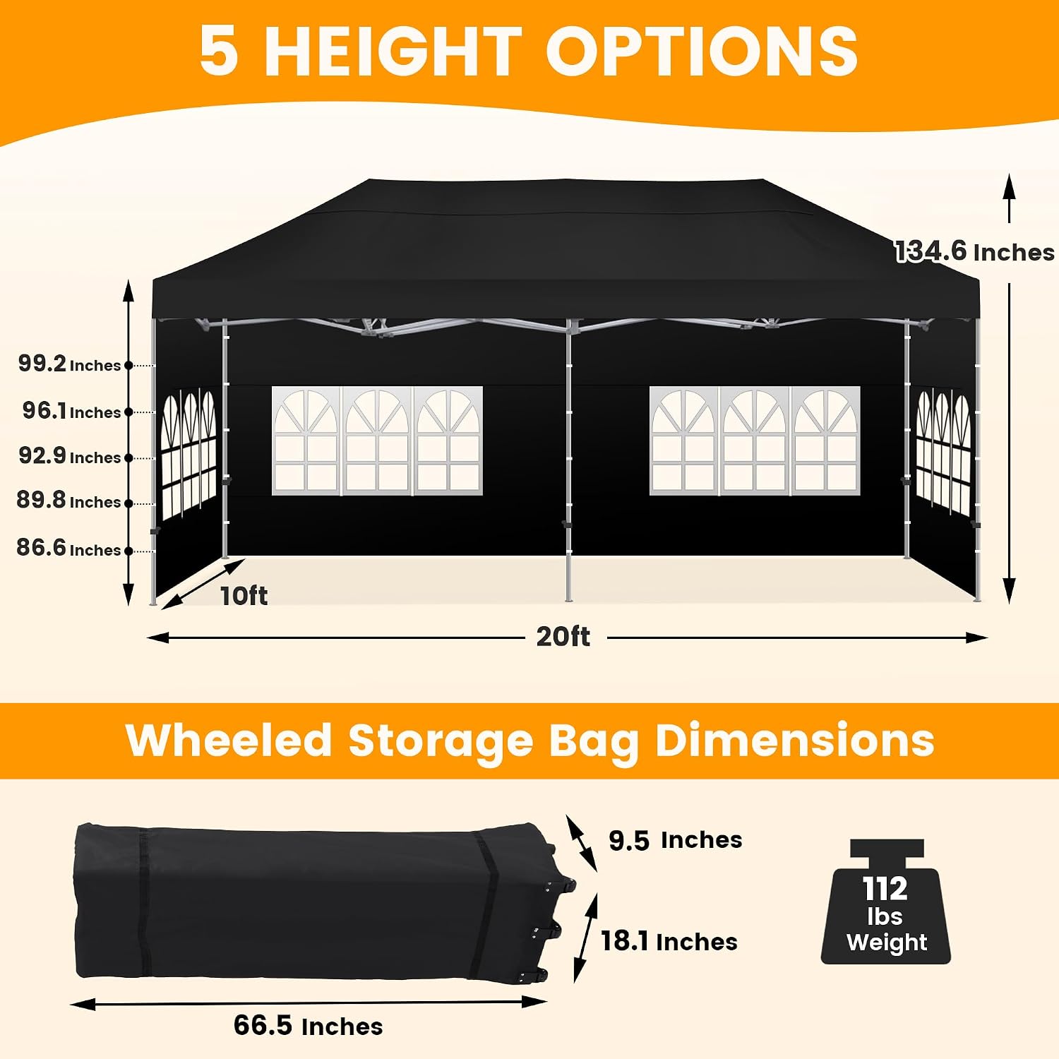 Kromax 10X20' Portable Pop Up Canopy Tent, Waterproof Foldable Outdoor Canopy,Heavy Duty Gazebo, Sidewalls, Steel Frame, Easy Set Up, Black