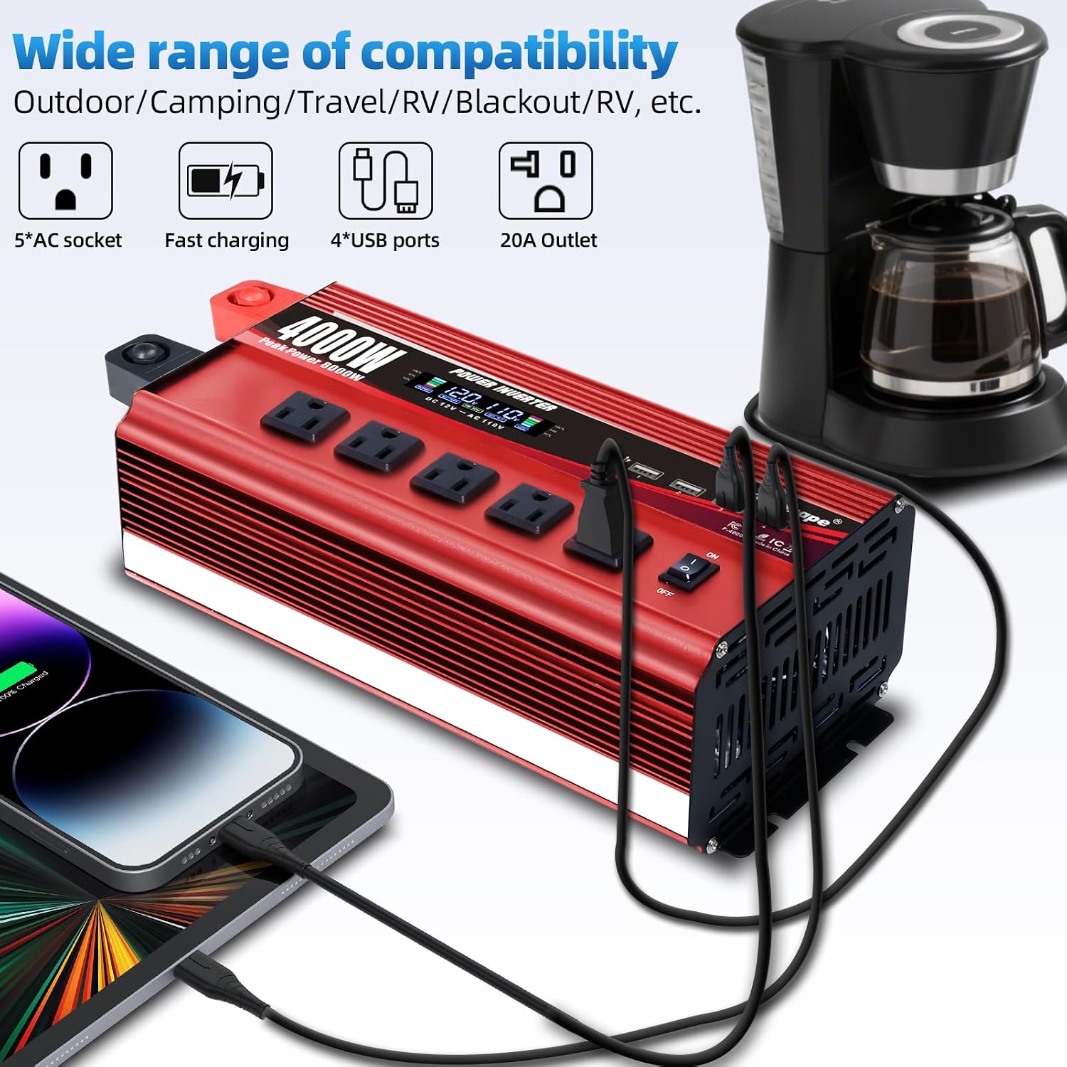 Cantonape 4000W Power Inverter 12V to 110V/120V DC to AC with LCD Display, Remote Controller 5 x AC Outlets and 4 x 3.1A USB Car Adapter for Car Truck Boat RV Solar System
