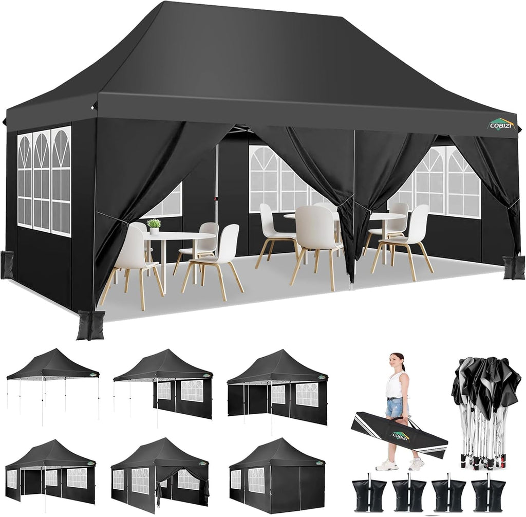COBIZI 10x20ft Pop Up Canopy Tent with 6 Removable Sidewalls, Easy Up Commercial Canopy, Waterproof and UV50+ Gazebo with Portable Bag, Adjustable Leg Heights,Party Tents for Parties, with 4 Sandbags