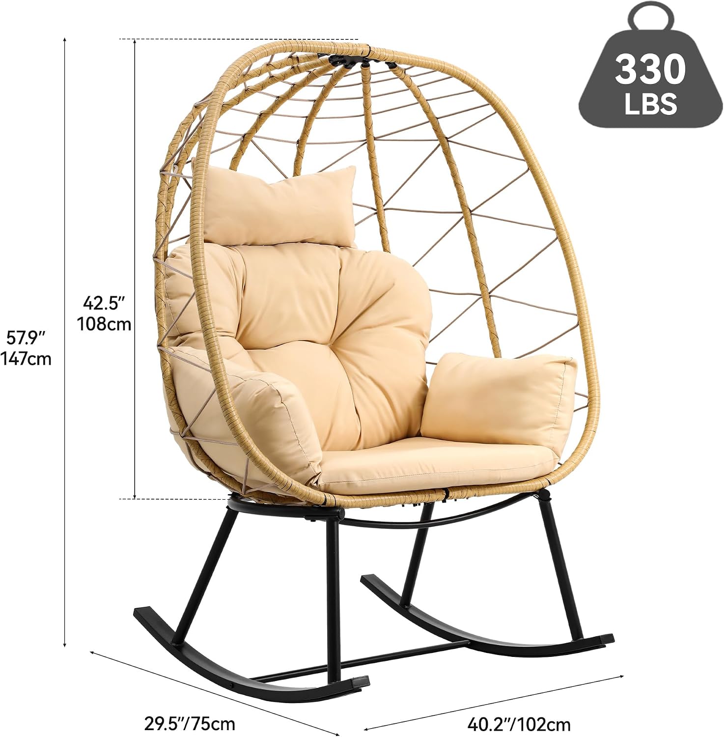YITAHOME Wicker Rocking Egg Chair, Outdoor Patio Rocking Chair with Cushioned Comfort, 330lb Capacity, Anti-Slip, All-Weather Resilient Egg Lounger Chair for Indoor & Outdoor Relaxation Spaces, Beige