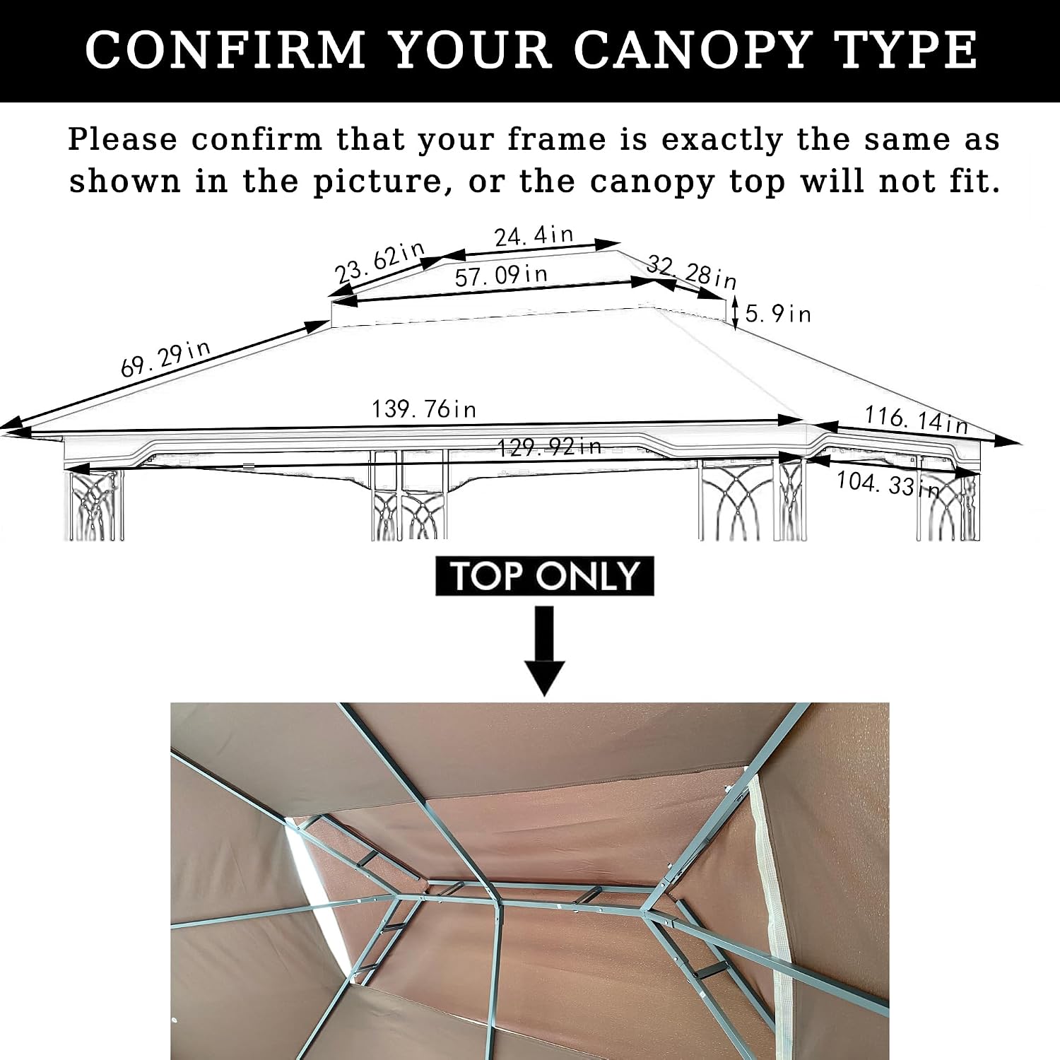 10x12 Ft Outdoor Patio Gazebo Replacement Canopy, Double Tiered Roof Top Cover, UV Protection & Waterproof Fabric, Fits 10x12 Gazebo Frame, Khaki (Frame Not Included)