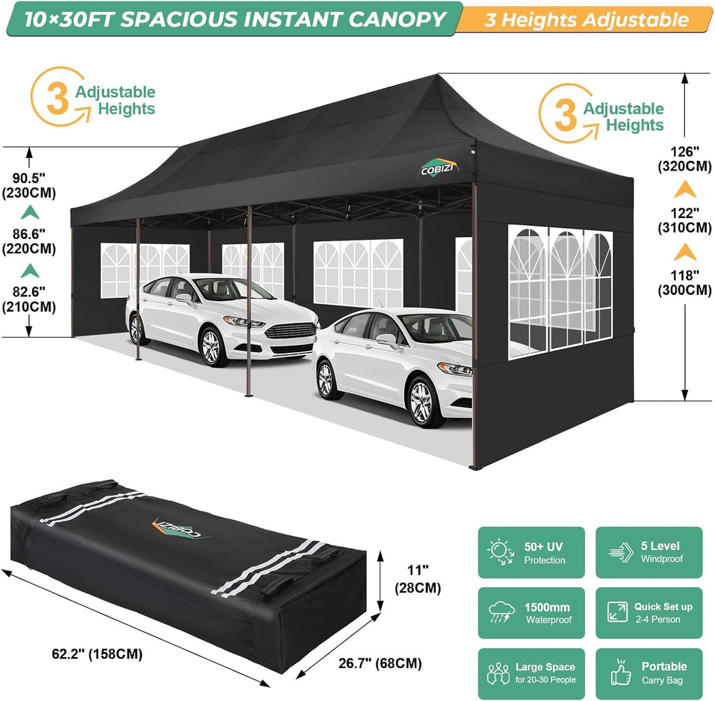 COBIZI Heavy Duty 10x30 pop up Canopy, Commercial10x30 Party Tent for Parties Waterproof Gazebos with 8 Sidewalls, All Season Wind & Waterproof UPF50+,Stable Thickened Frame, Black