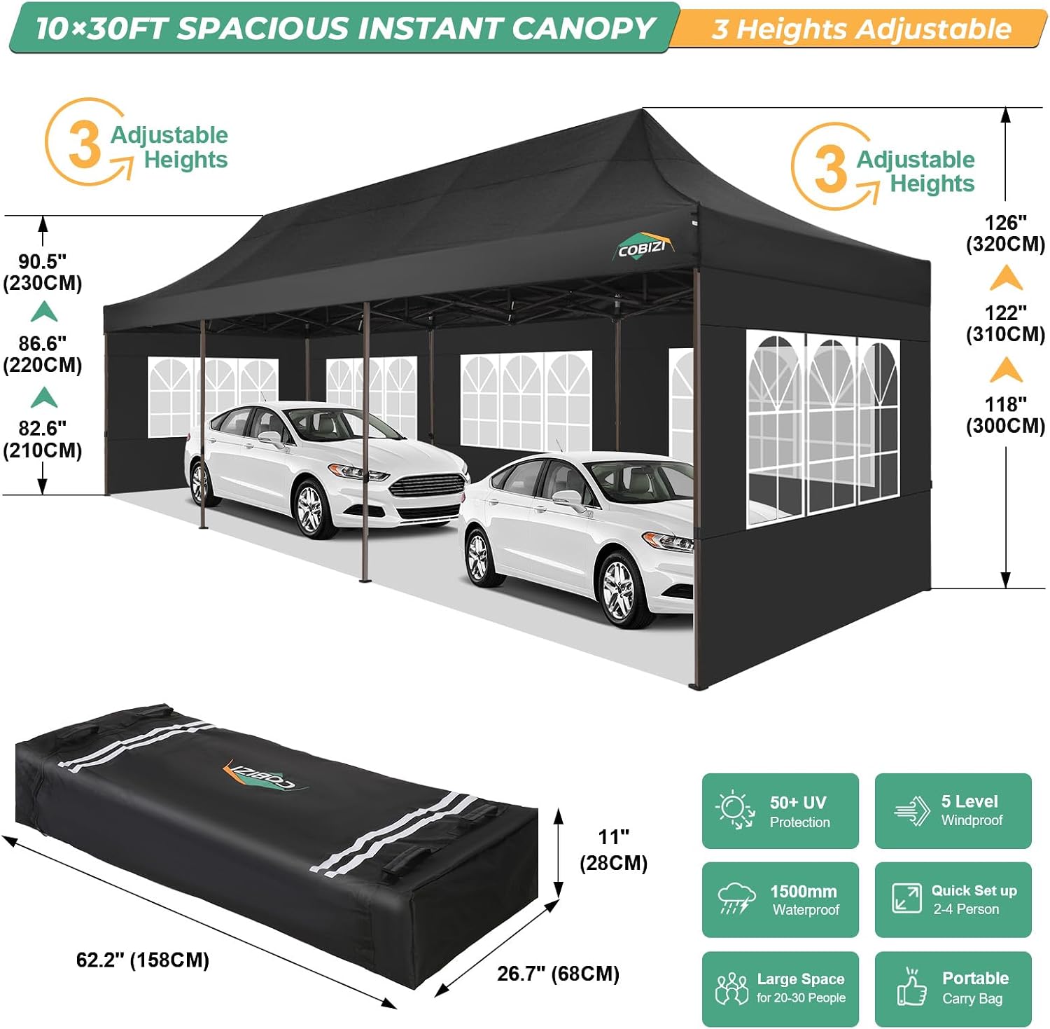 COBIZI Heavy Duty 10x30 pop up Canopy, Commercial10x30 Party Tent for Parties Waterproof Gazebos with 8 Sidewalls, All Season Wind & Waterproof UPF50+,Stable Thickened Frame, Black