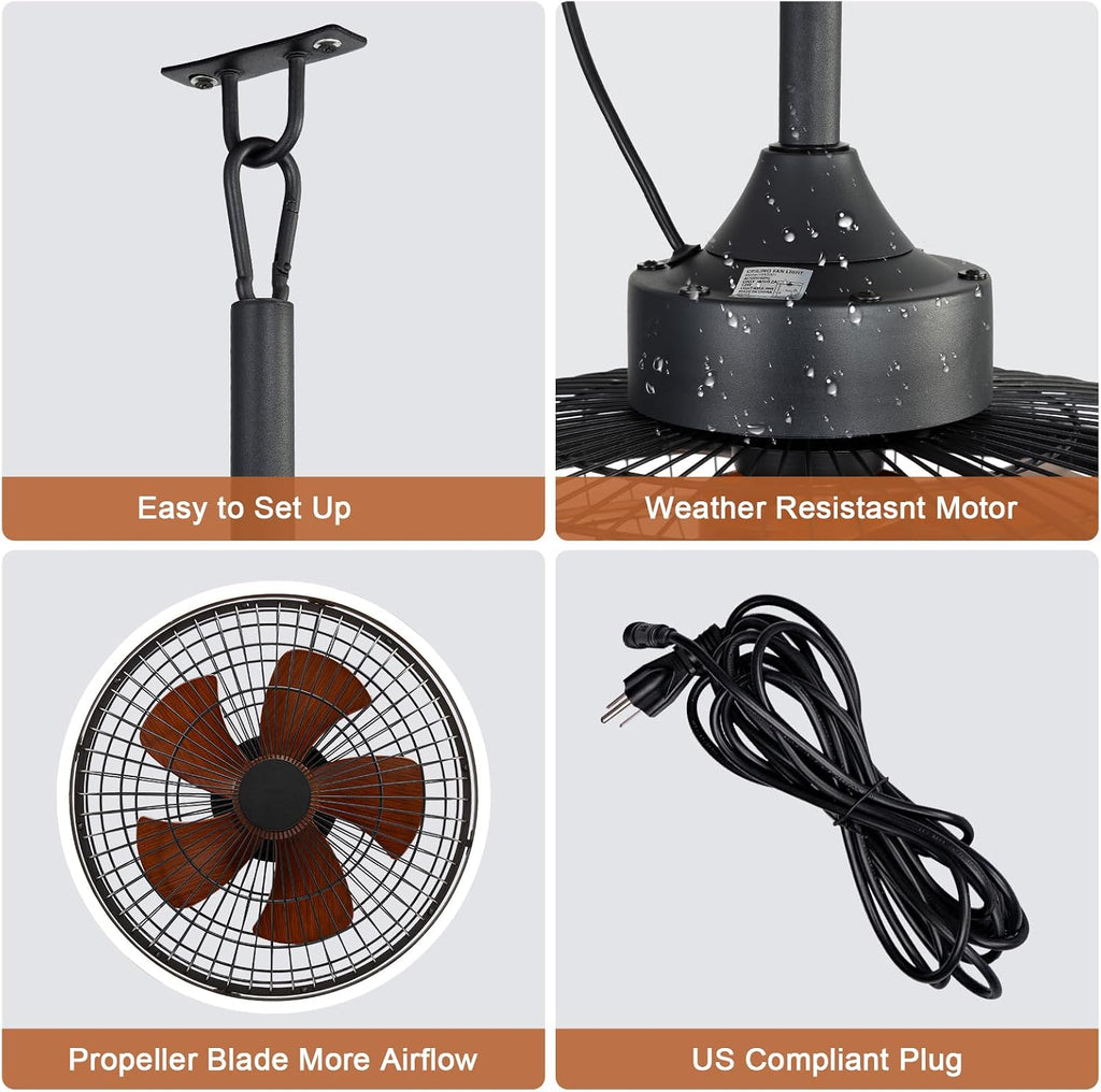 20' Waterproof Outdoor Ceiling Fan with Light Black Caged Gazebo Fans Outdoor Hanging for Patios Pergola Porch Gazebo, with Plug-in Cord, Dimmable LED Light, APP Remote Control, 6 Speeds