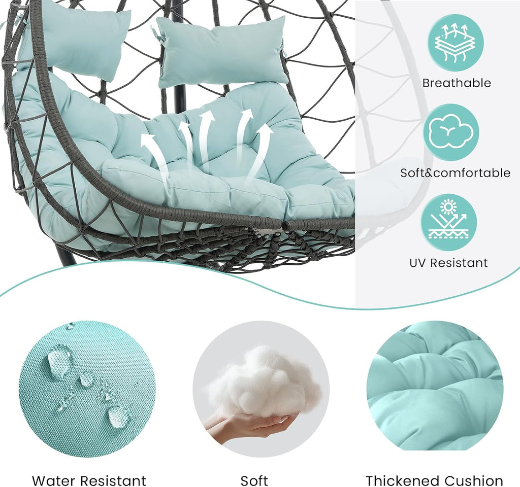Double Egg Chair with Stand, Indoor Outdoor Loveseat Hammock Swing Chair,Wicker Chair with Foldable Basket & Thick UV-Resistant Cushions, 700 LBS Capacity for Patio, Bedroom, Garden,Cyan