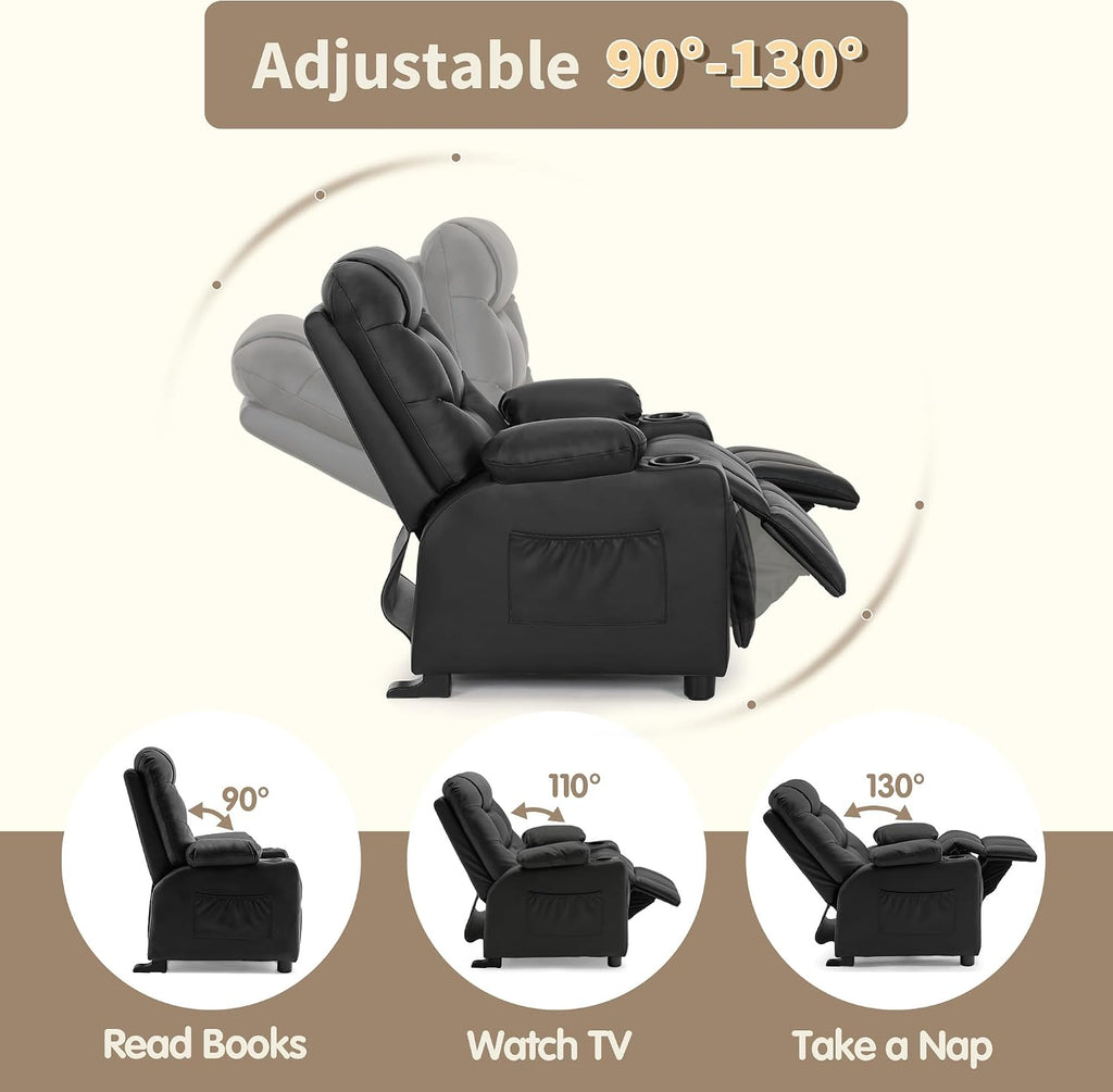 MCombo Big Kids Recliner for Ages 3+, Child Reclining Chair, Toddlers Recliner Sofa with Cup Holders (Faux Leather, Black)