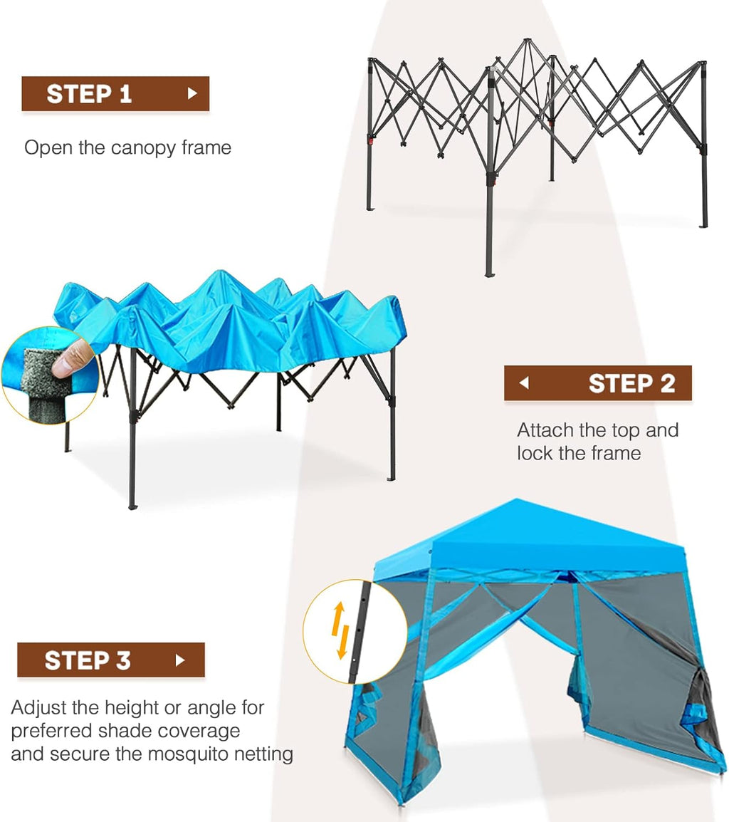 10x10 Pop Up Canopy Tent, Slant Leg Instant Screened Gazebo with Mesh Walls, UV Protection, Water Resistant, Light Blue