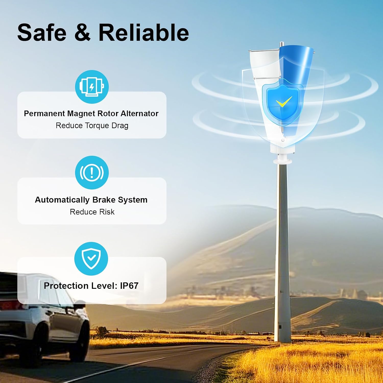 12V 500W Vertical Axis Wind Turbine Generator with Controller, Wind Turbine Generator Kit for Home Use, Rated Wind Speed 13 m/s, for Home, Business, Industrial Energy Supply