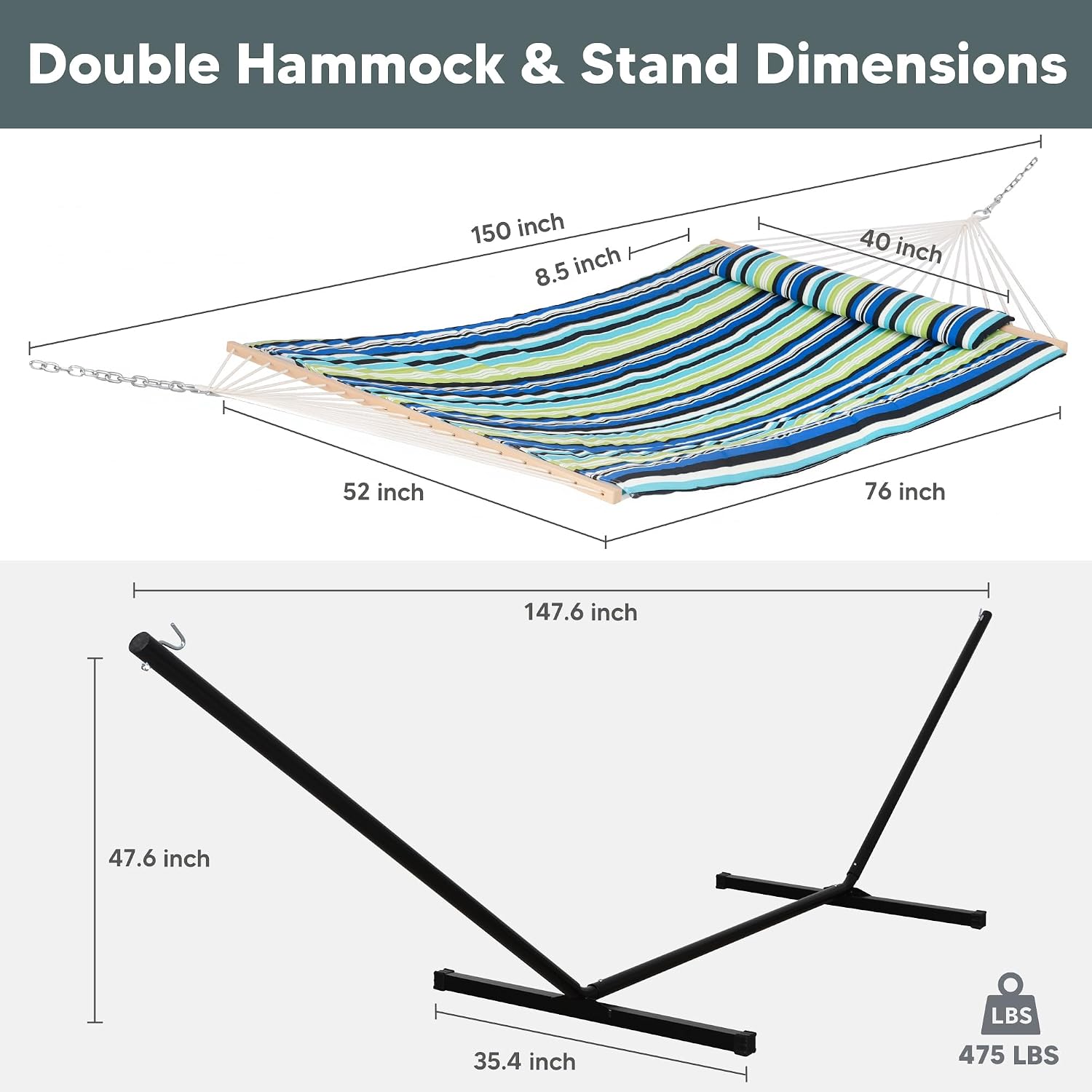 SUNCREAT Hammocks Double Cotton Rope Hammock with Polyester Pad, Heavy Duty Hammock with Steel Stand, Blue&Green