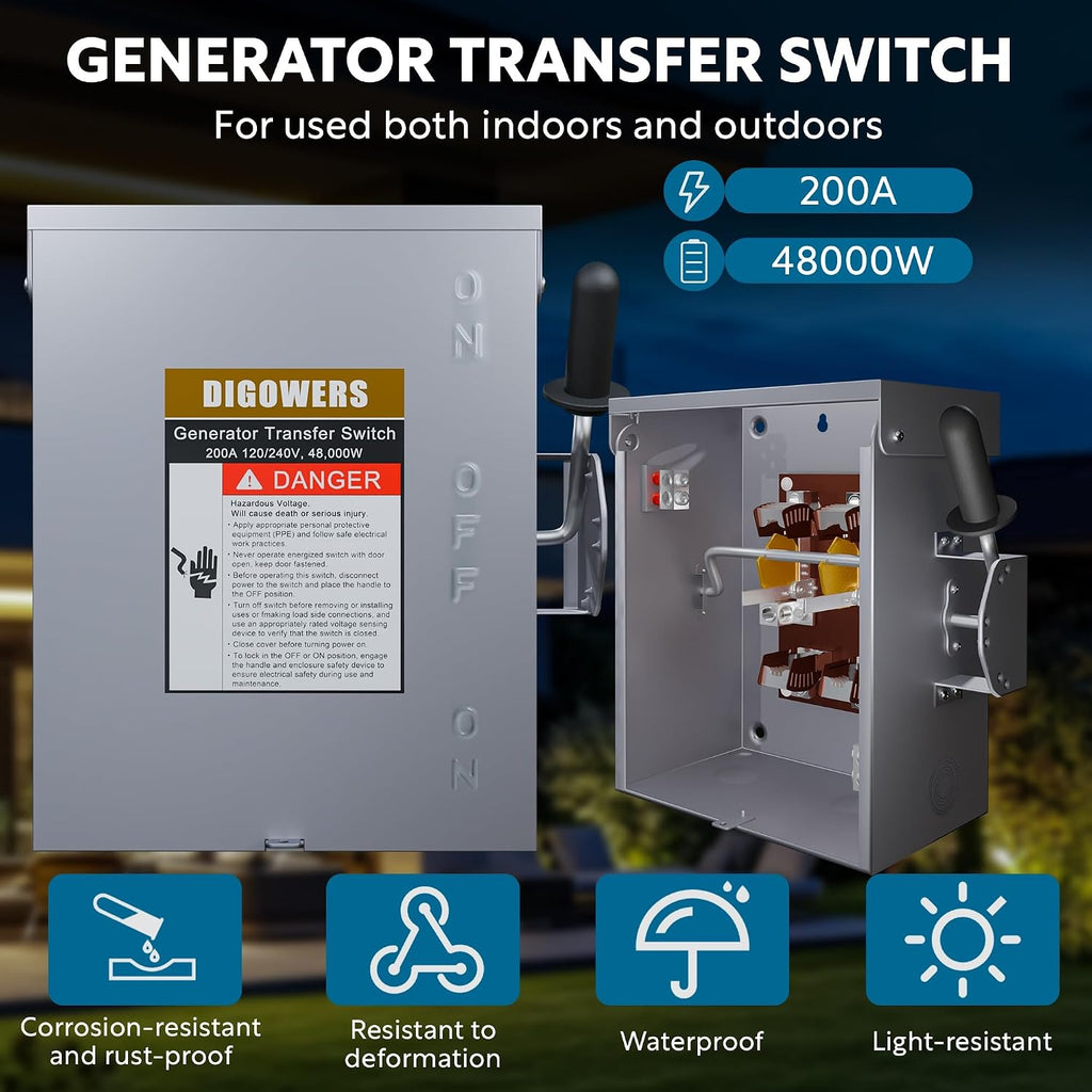 200 Amp 2P/3P Manual Generator Transfer Switch, Heavy Duty 48000W General Double-Throw Safety Switches, 120/240 Volt Transfer Switch for Home Generator Indoor & Outdoor (11.9' x 7.9' x 15.95')