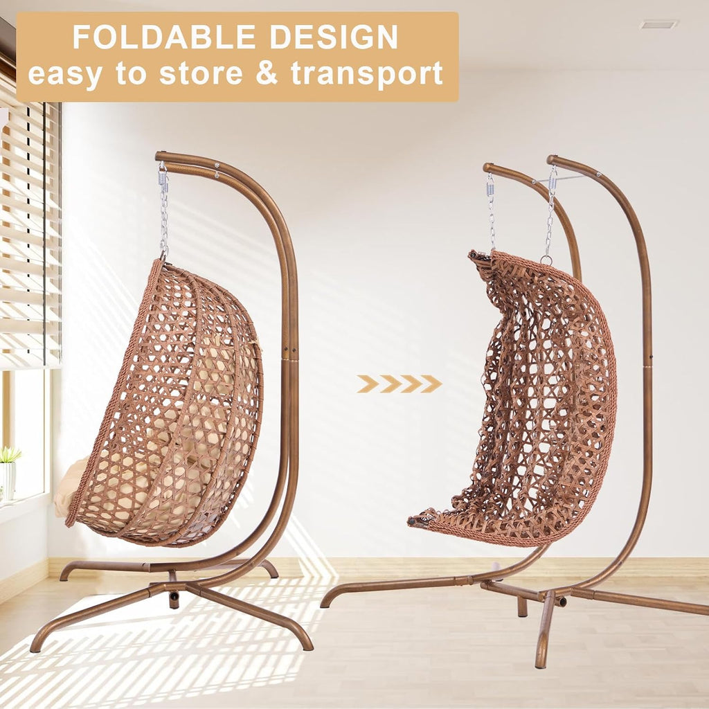 Double Swing Egg Chair with Stand, Hexagon Rattan Wicker Swing Chair Outdoor, Large 2 Person Patio Hanging Chair with Foldable Loveseat Removable Cushions (Beige)