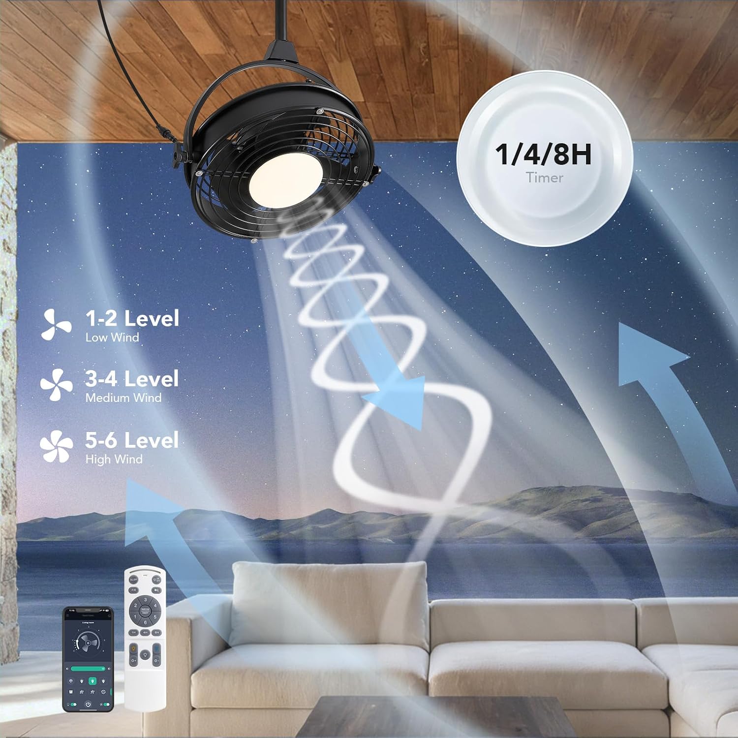 20' Outdoor Ceiling Fan with Lights, Waterproof Gazebo Hanging Fan with Remote Control, Plug in Caged Ceiling Fan with 3CCT Dimmable 6-Speeds for Patio Porch Pergola