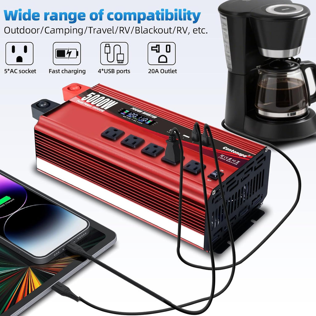 Cantonape 5000W Power Inverter 12V to 110V/120V DC to AC with LCD Display, Remote Controller 5 x AC Outlets and 4 x 3.1A USB Car Adapter for Car Truck Boat RV Solar System