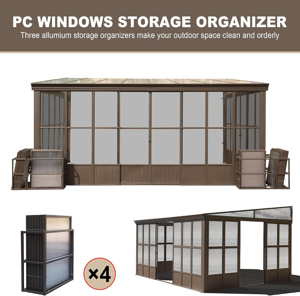 Domi Lean-to Sunroom 12x16FT, Wall Mounted Solarium with Sloping Polycarbonate Roof, Detachable Polycarbonate Screens, 2 Lockable Sliding Doors, Aluminum Gazebo Against Wall Sun Room for Patio Deck