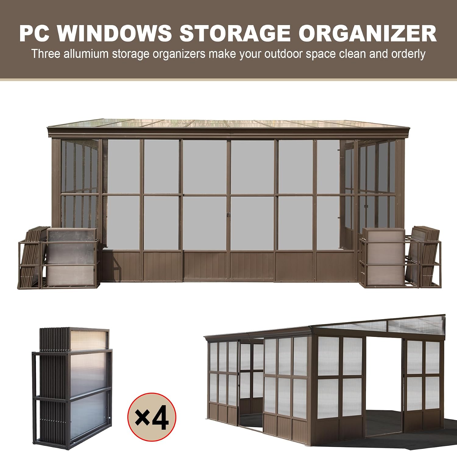 Domi Lean-to Sunroom 12x16FT, Wall Mounted Solarium with Sloping Polycarbonate Roof, Detachable Polycarbonate Screens, 2 Lockable Sliding Doors, Aluminum Gazebo Against Wall Sun Room for Patio Deck