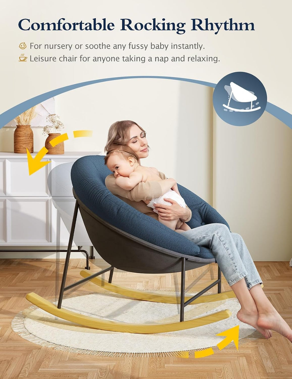 Kidirect Wide Rocking Chair Nursery, Comfy Saucer Nursery Rocking Chairs with Removable Cushion, Indoor Papasan Nursing Chair for Breastfeeding, Mecedora para Adultos for Living Room & Bedroom (Blue)