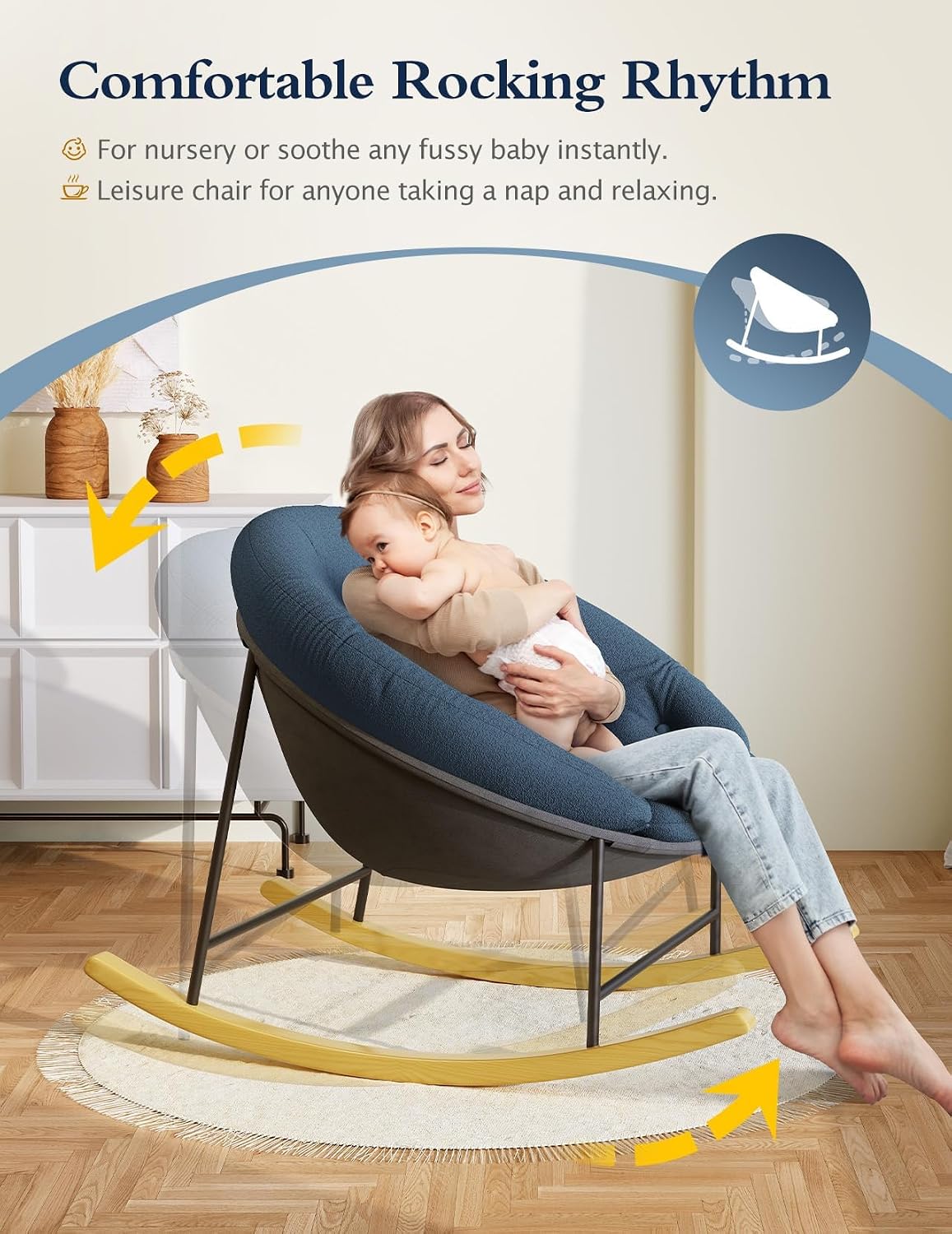 Kidirect Wide Rocking Chair Nursery, Comfy Saucer Nursery Rocking Chairs with Removable Cushion, Indoor Papasan Nursing Chair for Breastfeeding, Mecedora para Adultos for Living Room & Bedroom (Blue)