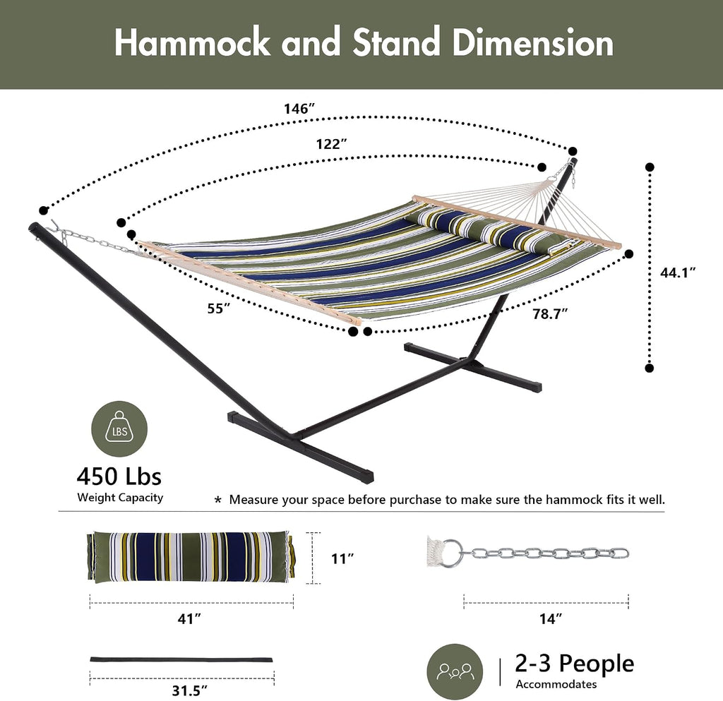 ANOW Double Hammock with Stand 12FT, Heavy Duty Hammocks with Stand for Outside, 450 LBS Weight Capacity, Blue & Green Stripes