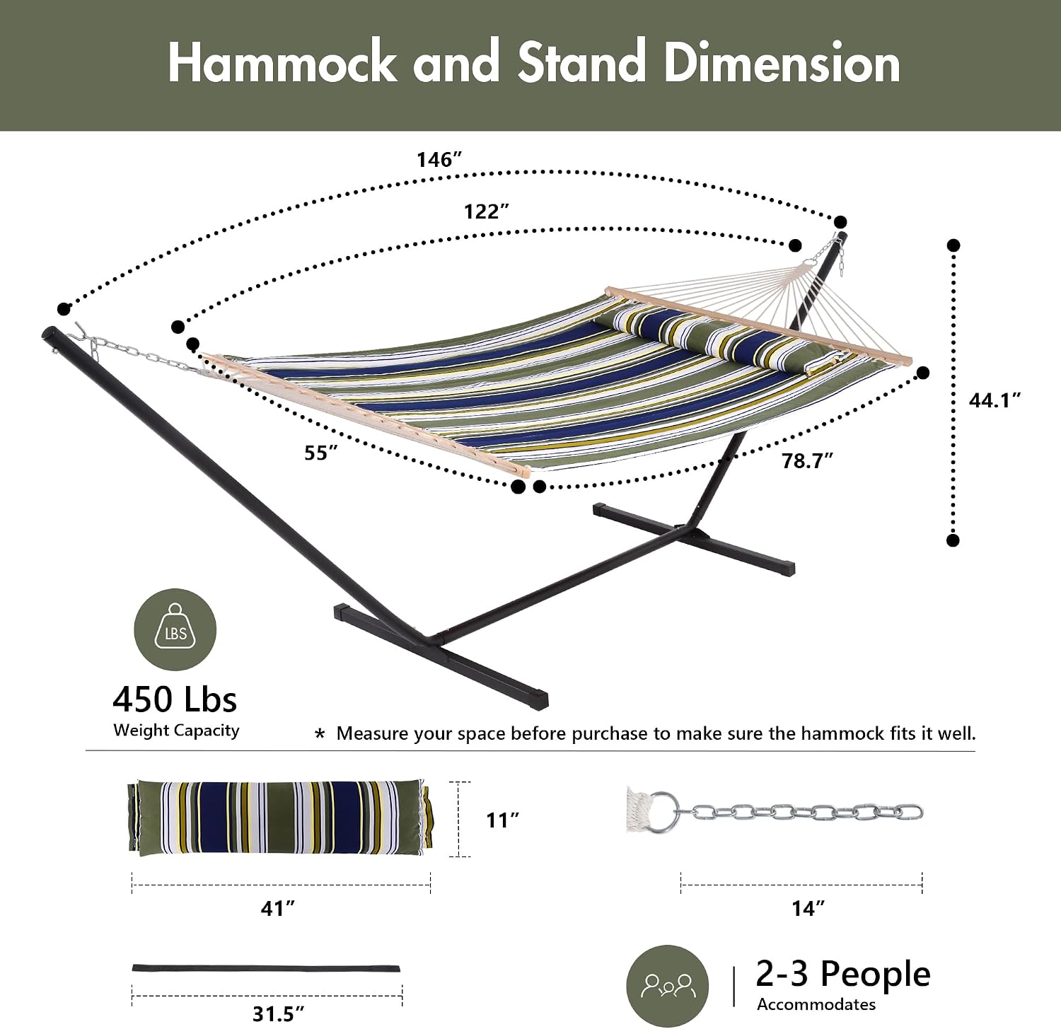 ANOW Double Hammock with Stand 12FT, Heavy Duty Hammocks with Stand for Outside, 450 LBS Weight Capacity, Blue & Green Stripes
