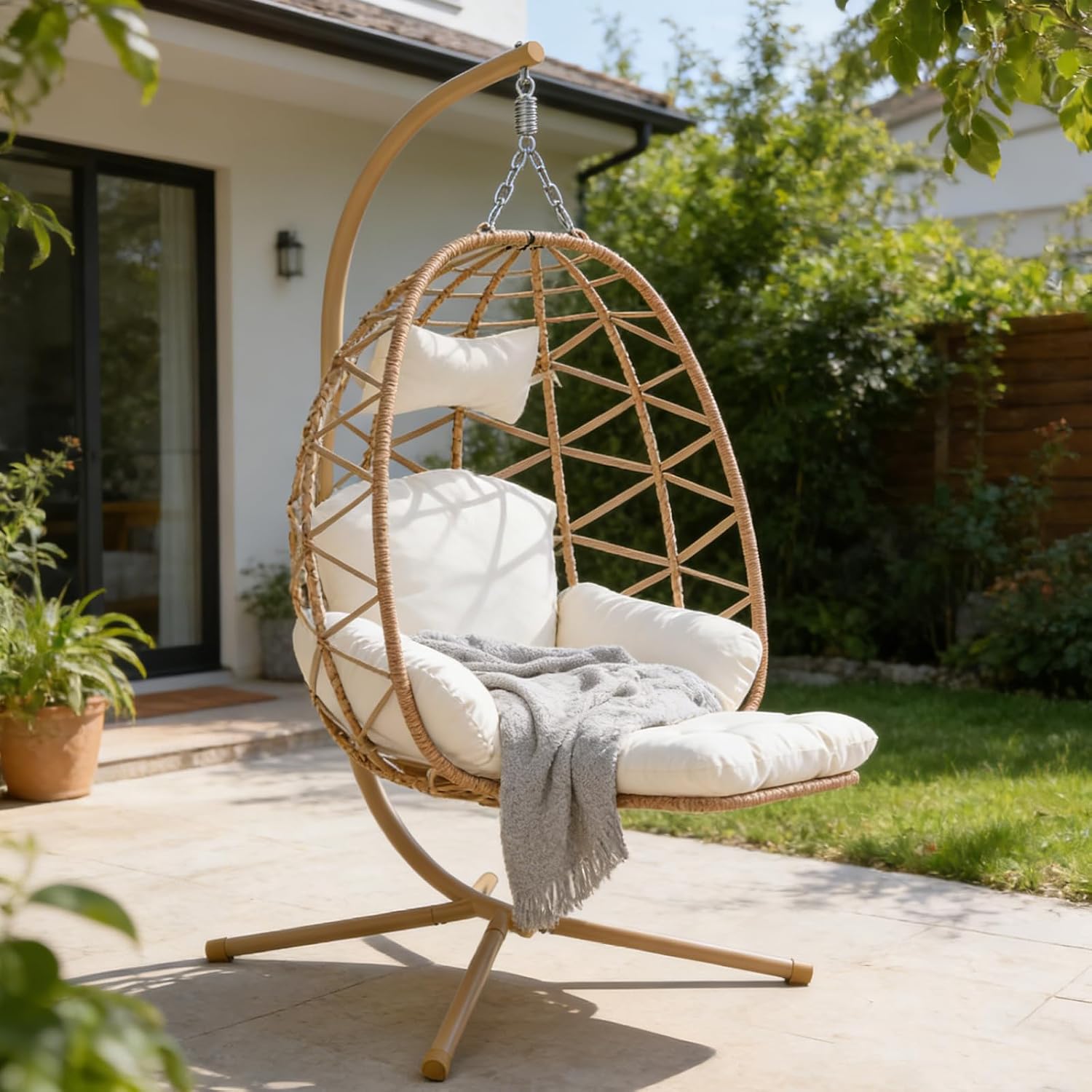 Hanging Egg Chair with Stand & Leg Rest,Rattan Wicker Swing Chair with Cushion,Patio Basket Hanging Chair Wicker Hammock Chair for Indoor Outdoor Bedroom Garden,300LBS (Yellow Rattan&Cream Cushion)