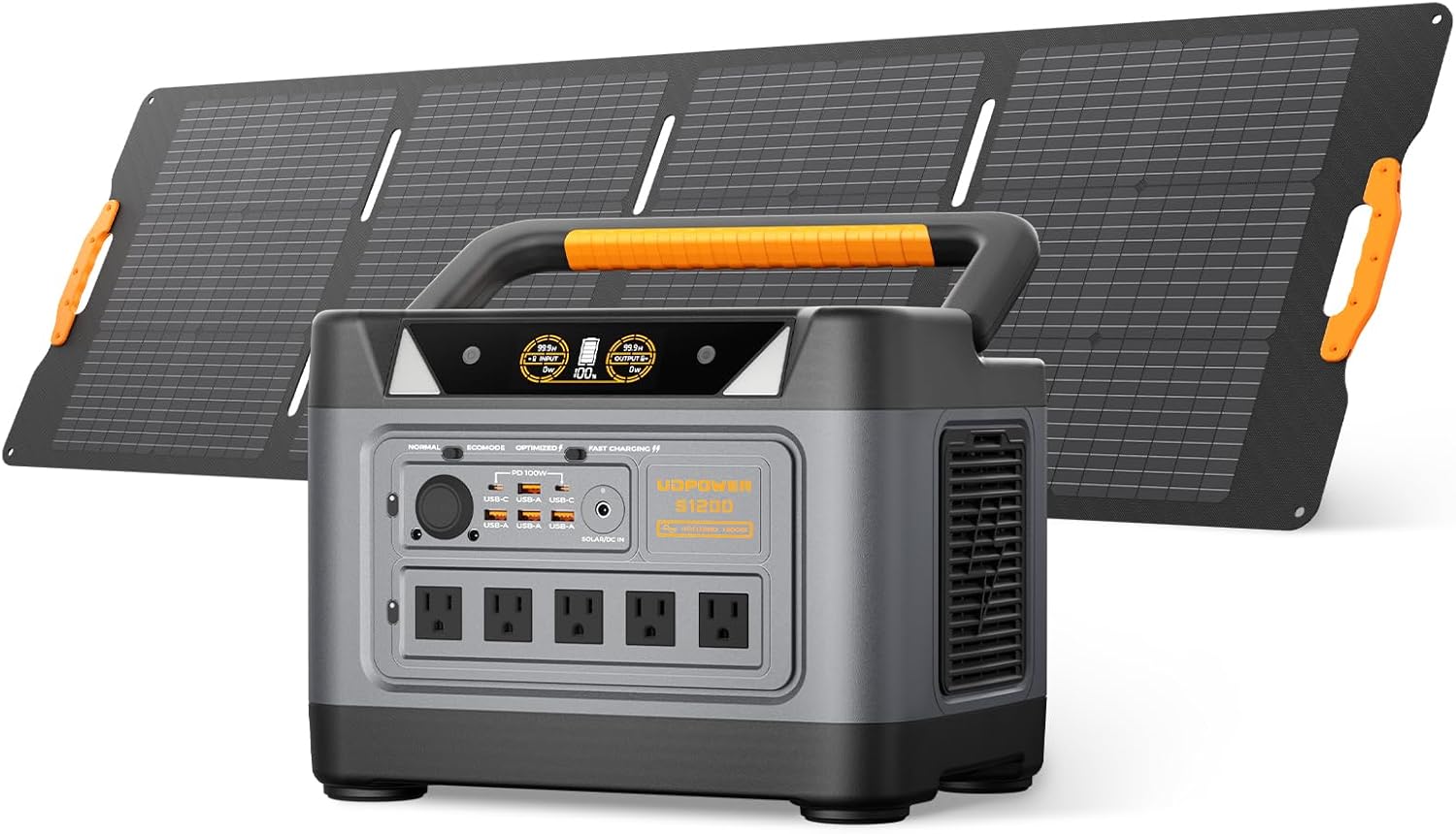 UDPOWER S1200 1190Wh Solar Generator Kit | 1200W Power Station + 210W Solar Panel | Fast Solar Charging for Home Backup, RV & Emergencies