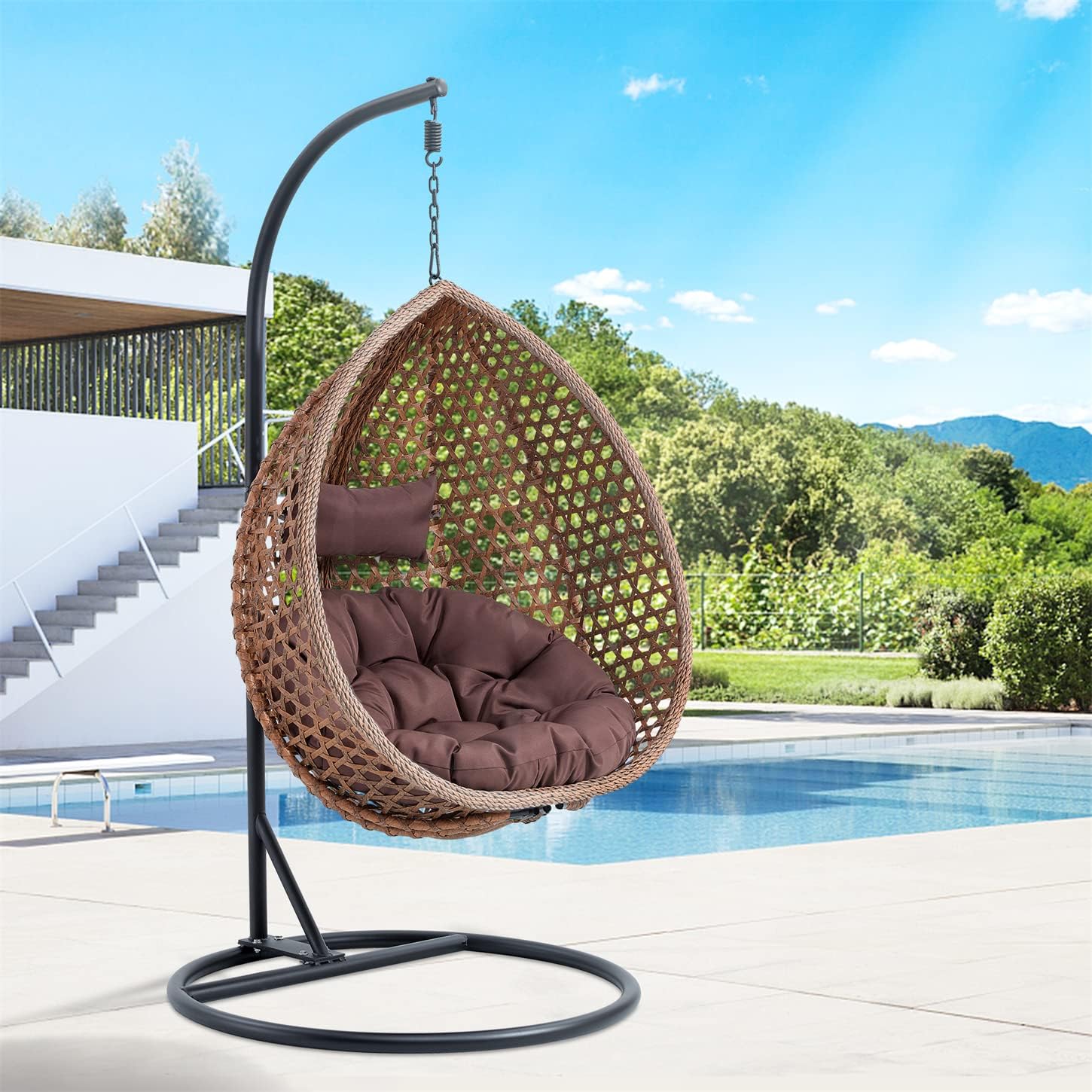 LKTART Egg Swing Chair with Stand Rattan Hanging Egg Chair with Cushions and Pillow Relaxing Chair Foldable Basket & Metal Stand Indoors or Outside 2-btrown