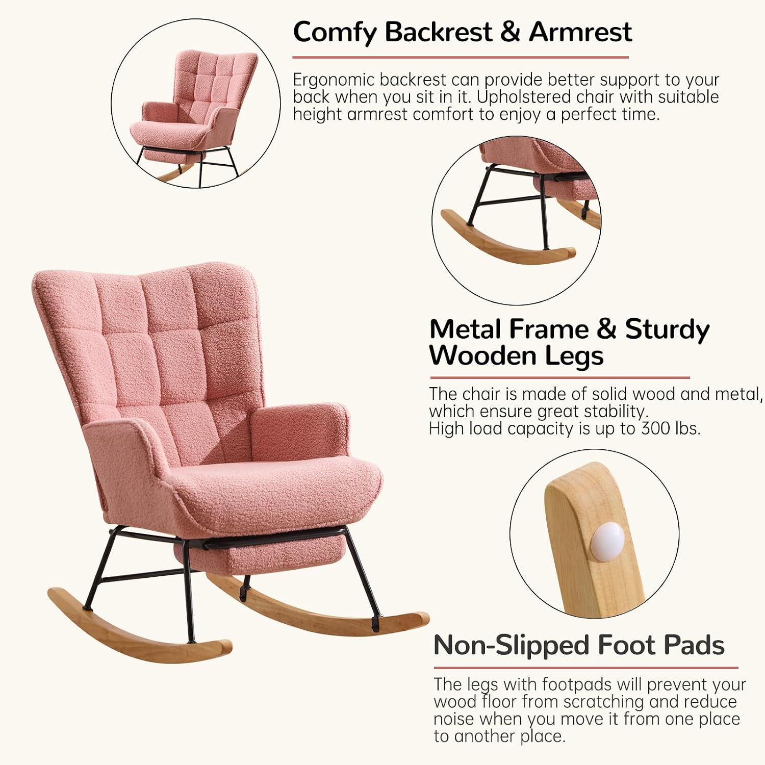 Furniliving Nursery Rocking Chair Modern Armchair Upholstered Glider Rocking Chair Accent Chair with Retractable Footrest Reading Chair with High Backrest Solid Wood Base for Bedroom, Pink, Teddy