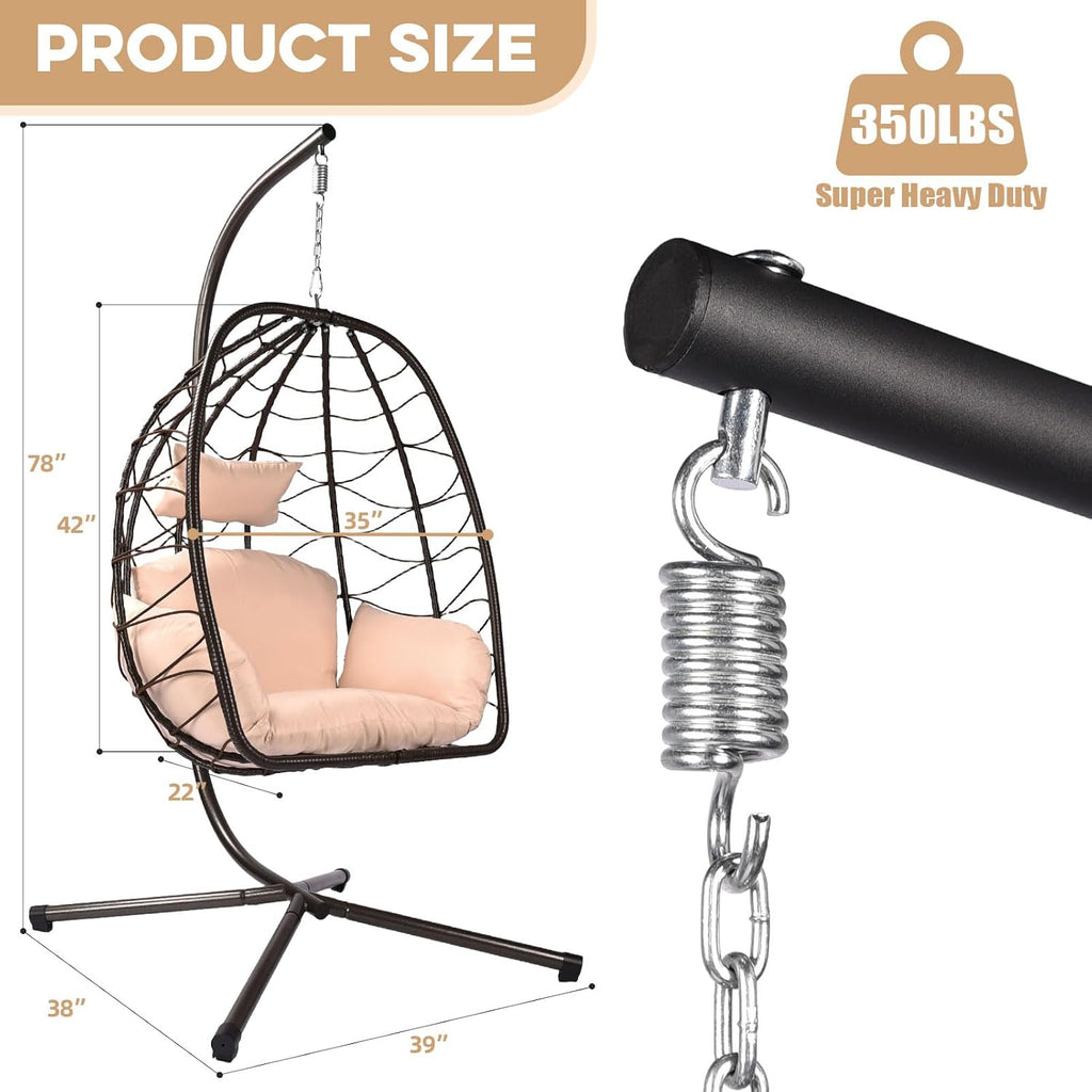 Egg Chair with Stand Outdoor Ratten Wicker Hanging Egg Chair Outdoor Indoor with Thickened Cushion Swing Chair Hammock for Patio Apartment Bedroom Garden Balcony (Brown Wicker+Khaki Cushion)