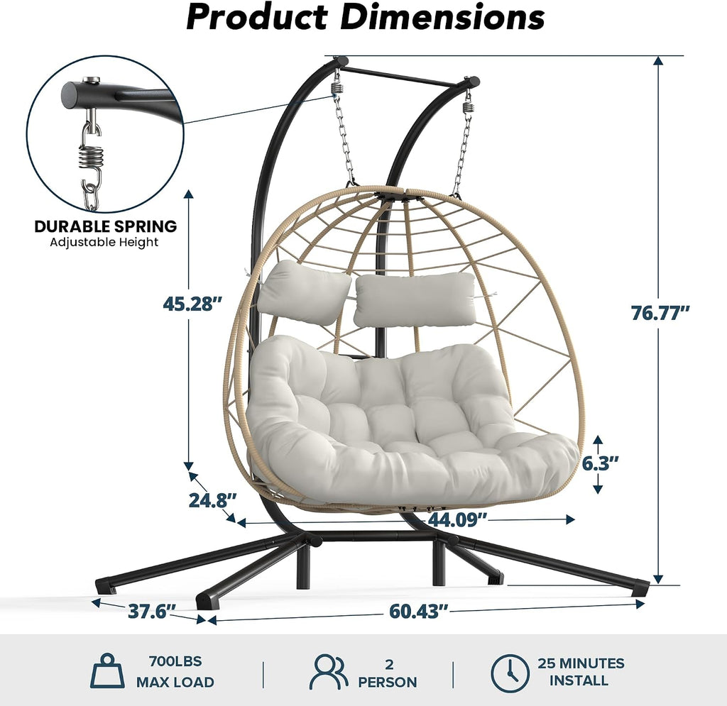 Easyego 2-Person Wicker Hanging Egg Chair with Stand- 700 lb Capacity, Indoor/Outdoor Double Egg Swing Hammock Chair for Patio, Garden, Porch, Living Room, Bedroom-Beige