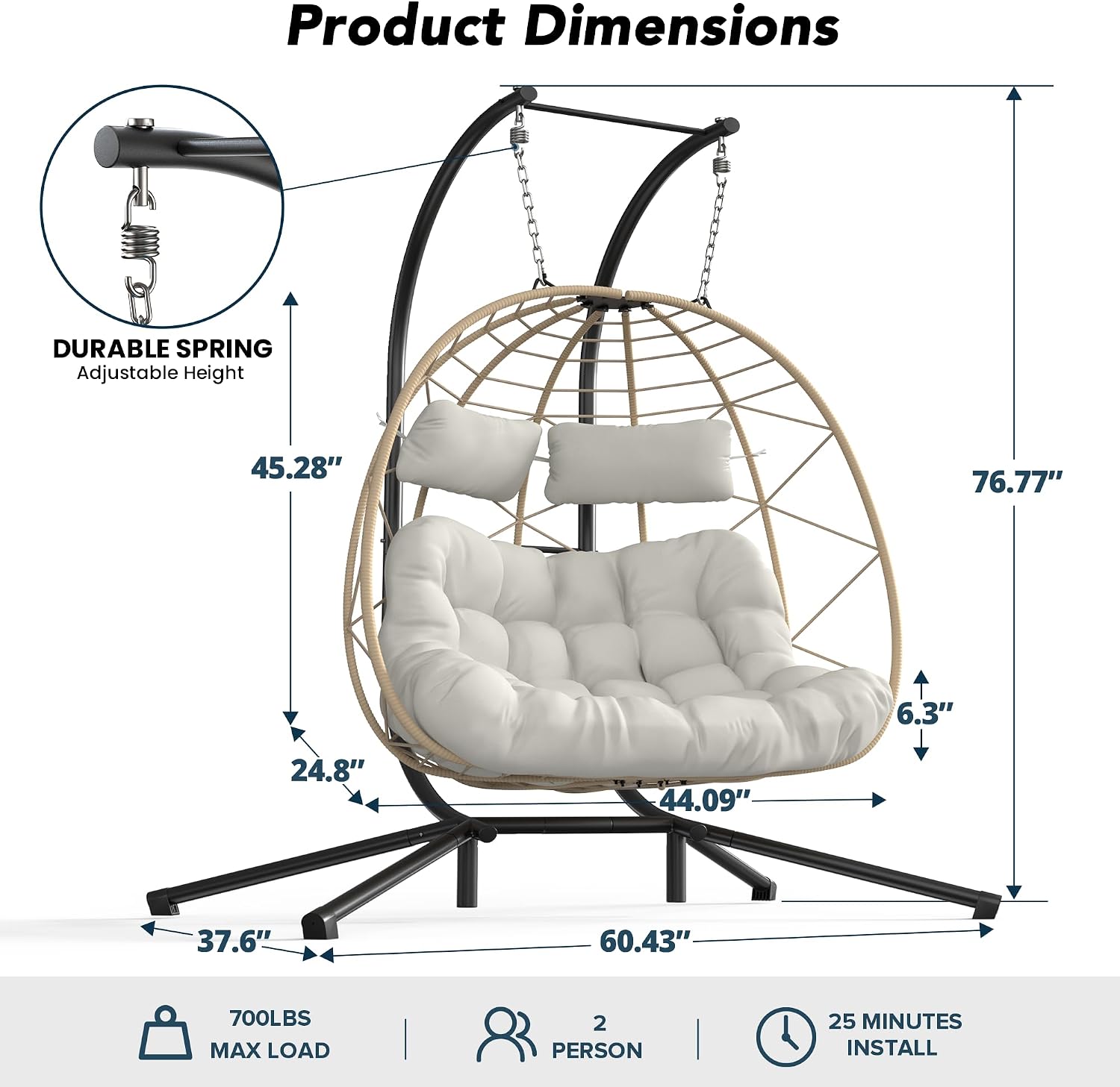 Easyego 2-Person Wicker Hanging Egg Chair with Stand- 700 lb Capacity, Indoor/Outdoor Double Egg Swing Hammock Chair for Patio, Garden, Porch, Living Room, Bedroom-Beige