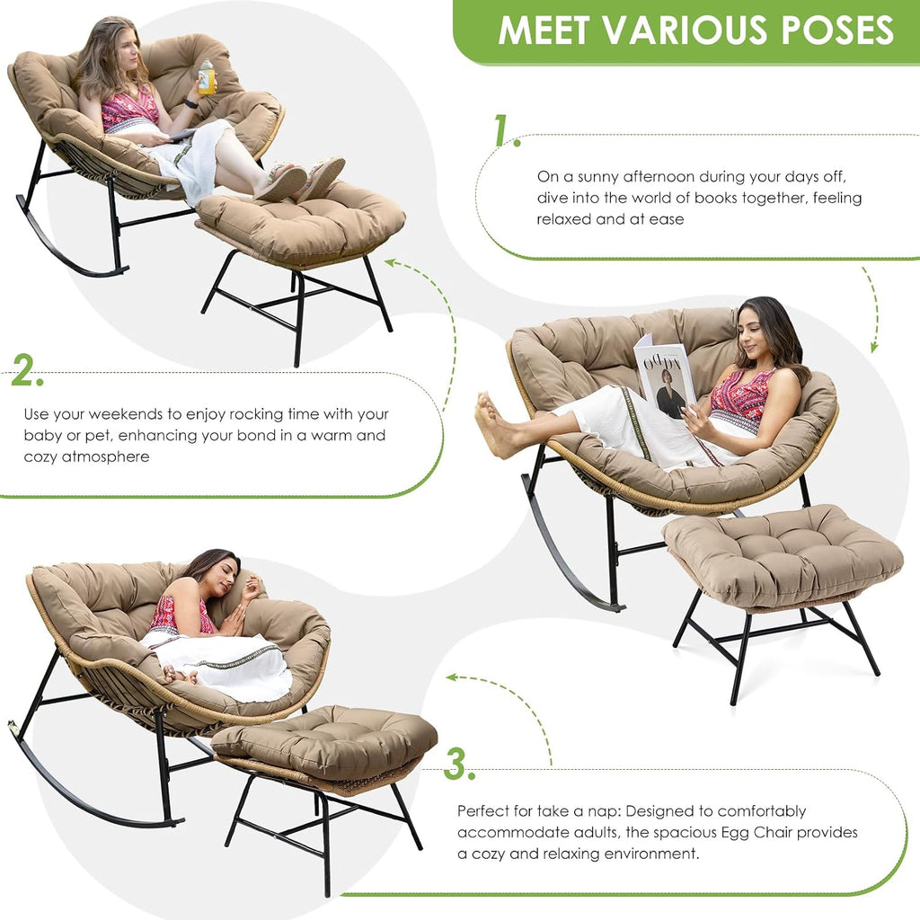 RADIATA 2 PCS Rocking Egg Chair with Ottomans & Cushion, Indoor Outdoor Oversized Lounge Chair, PE Wicker Double Papasan Rocker with Footrests, 450 lbs Weight Capacity for Patio Porch Bedroom Brown