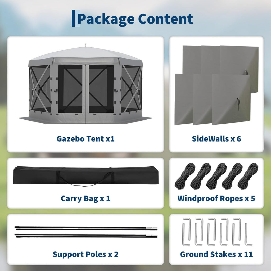 GarveeLife 11.5x11.5FT 6-Sided Pop Up Gazebo Tent，One-Push Setup Canopy Tent with Mesh Panels & Removable Wind Cloths, Outdoor shelter for Camping, Backyard Parties, Outdoor Events - Grey
