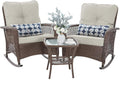 Patio Furniture Set 3 Pieces, Rocking Bistro Set with Thick Cushions, Brown Wicker Outdoor Rocker Chairs and Coffee Table for Porch, Backyard or Garden (Pale White)