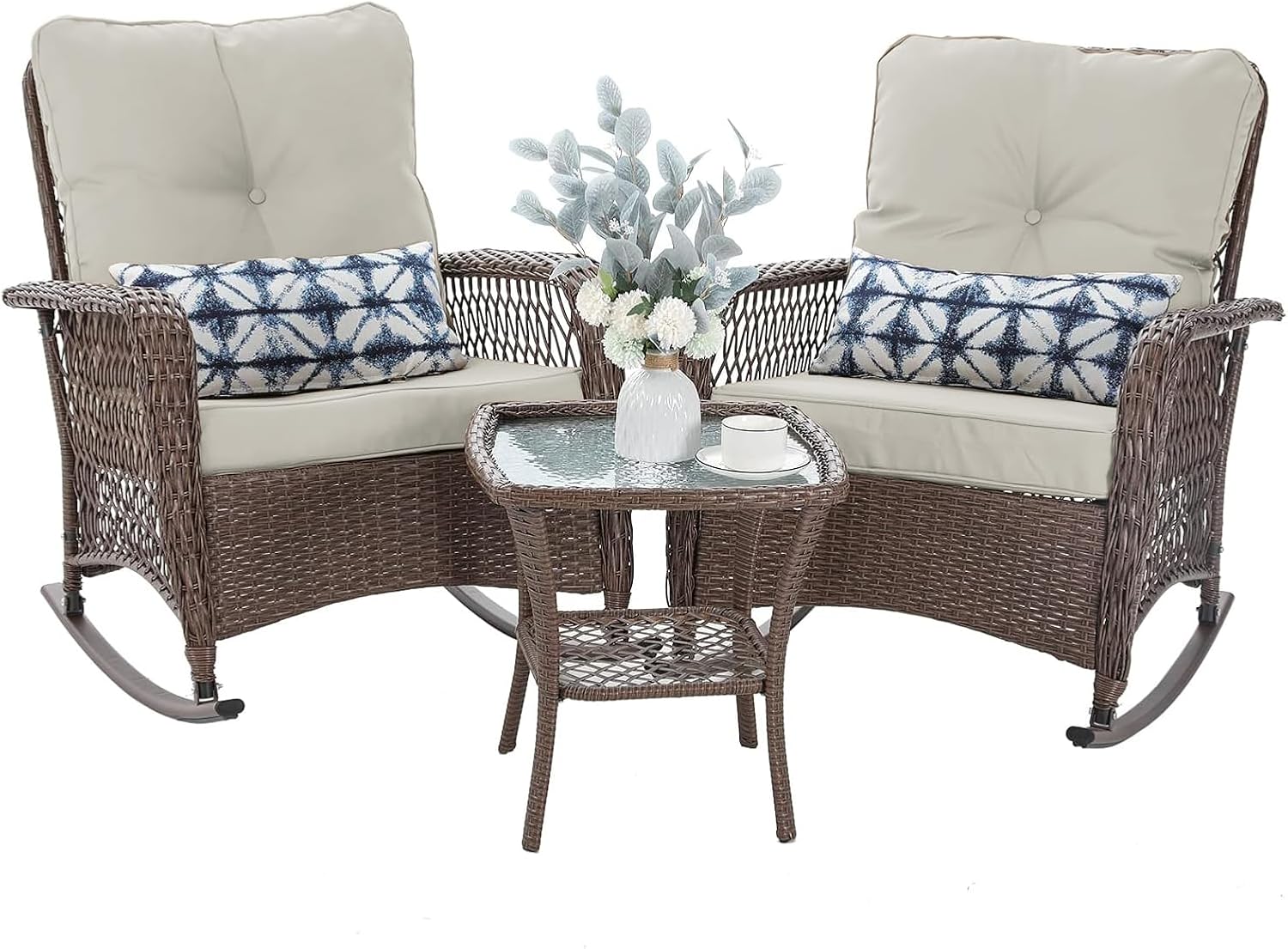 Patio Furniture Set 3 Pieces, Rocking Bistro Set with Thick Cushions, Brown Wicker Outdoor Rocker Chairs and Coffee Table for Porch, Backyard or Garden (Pale White)