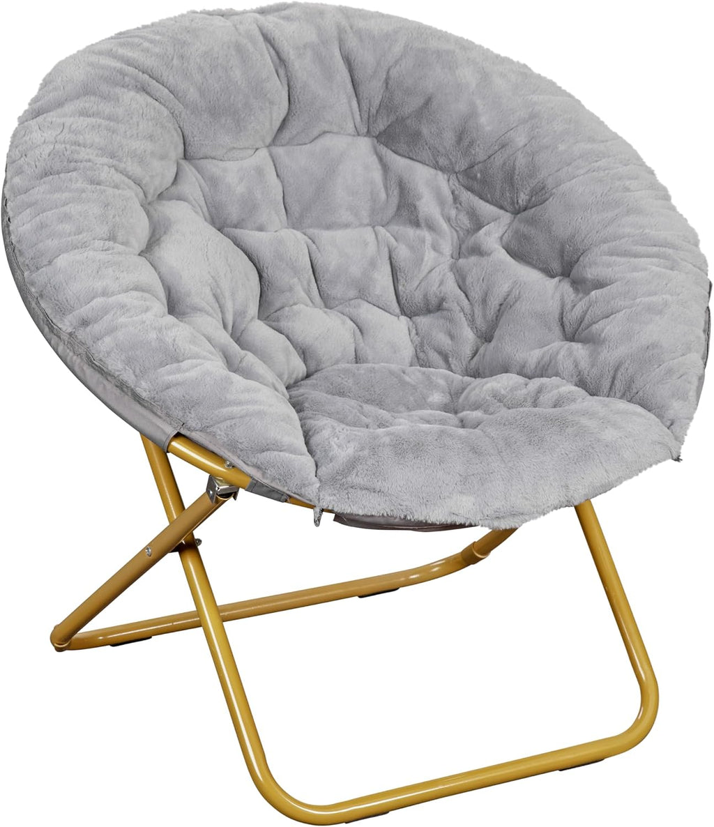 Flash Furniture Gwen Oversize Folding Saucer Chair with Ottoman, Faux Fur Moon Chair, Durable Steel Frame, for Dorm and Bedroom, 38', Gray/Soft Gold