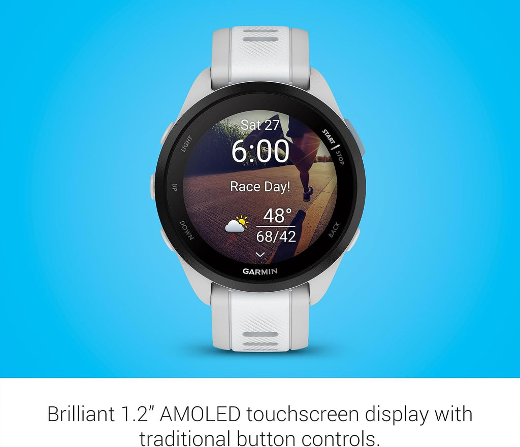 Garmin Forerunner 165 Music, Running Smartwatch, Colorful AMOLED Display, Training Metrics and Recovery Insights, Music on Your Wrist, Whitestone