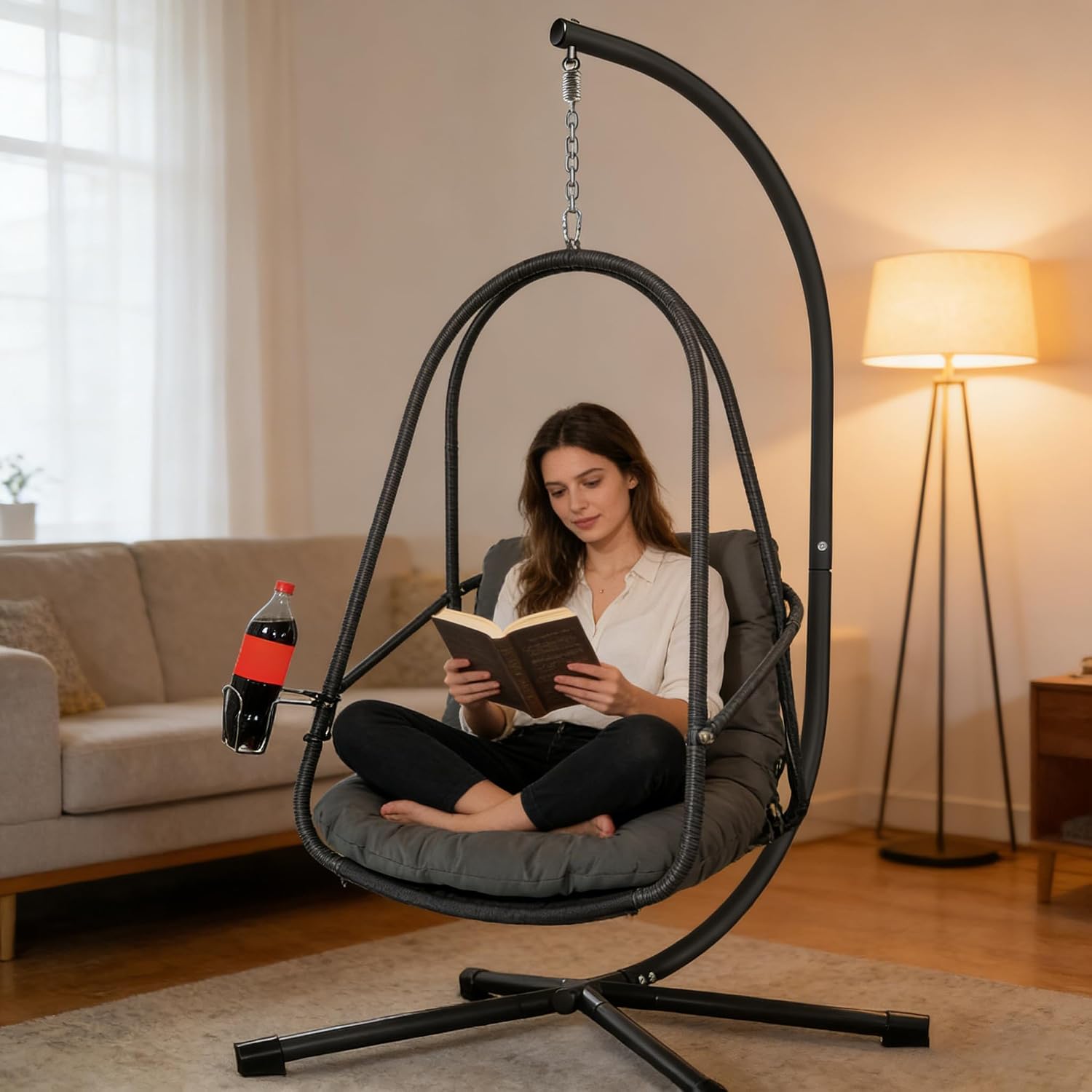 JESE Swing Egg Chair with Stand - UV Resistant & Waterproof Cushion Included, with Cup Holder - Indoor/Outdoor Hanging Hammock Chair Suitable for Patio, Bedroom, Balcony, Garden (Black)