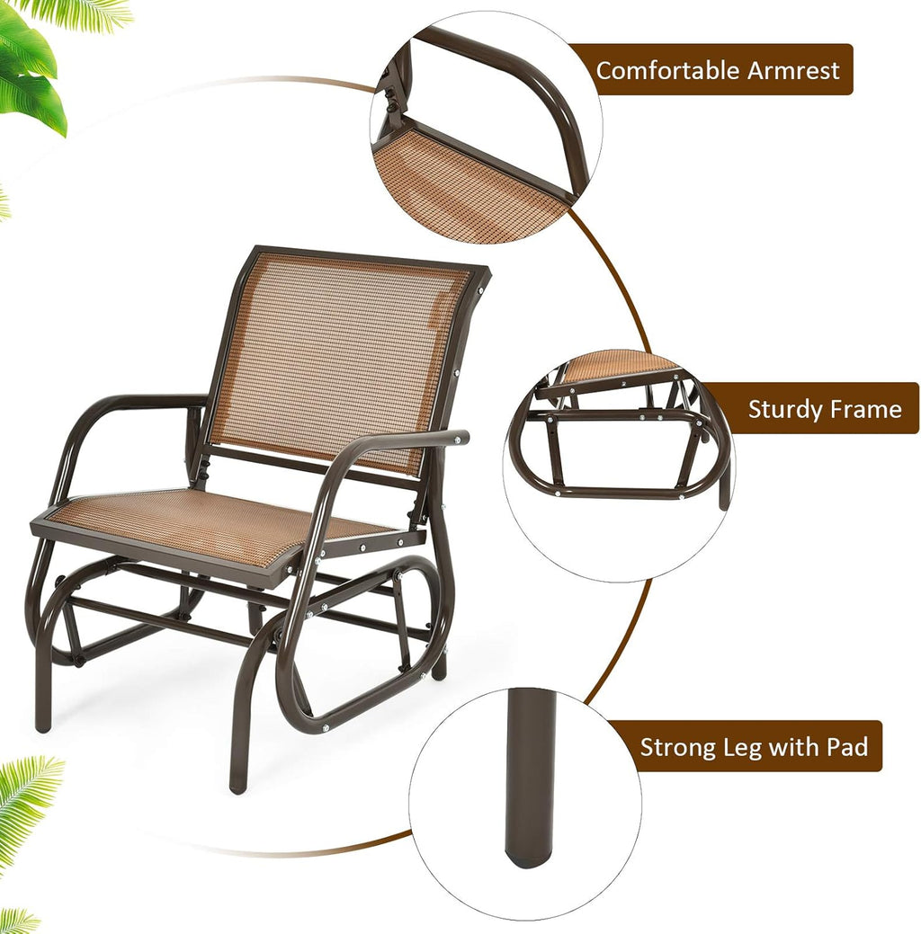 Giantex Swing Glider Chair W/Study Metal Frame Comfortable Patio Chair Love-Seat for Garden, Porch, Backyard, Poolside, Lawn Outdoor Rocking Chair (2, Brown)
