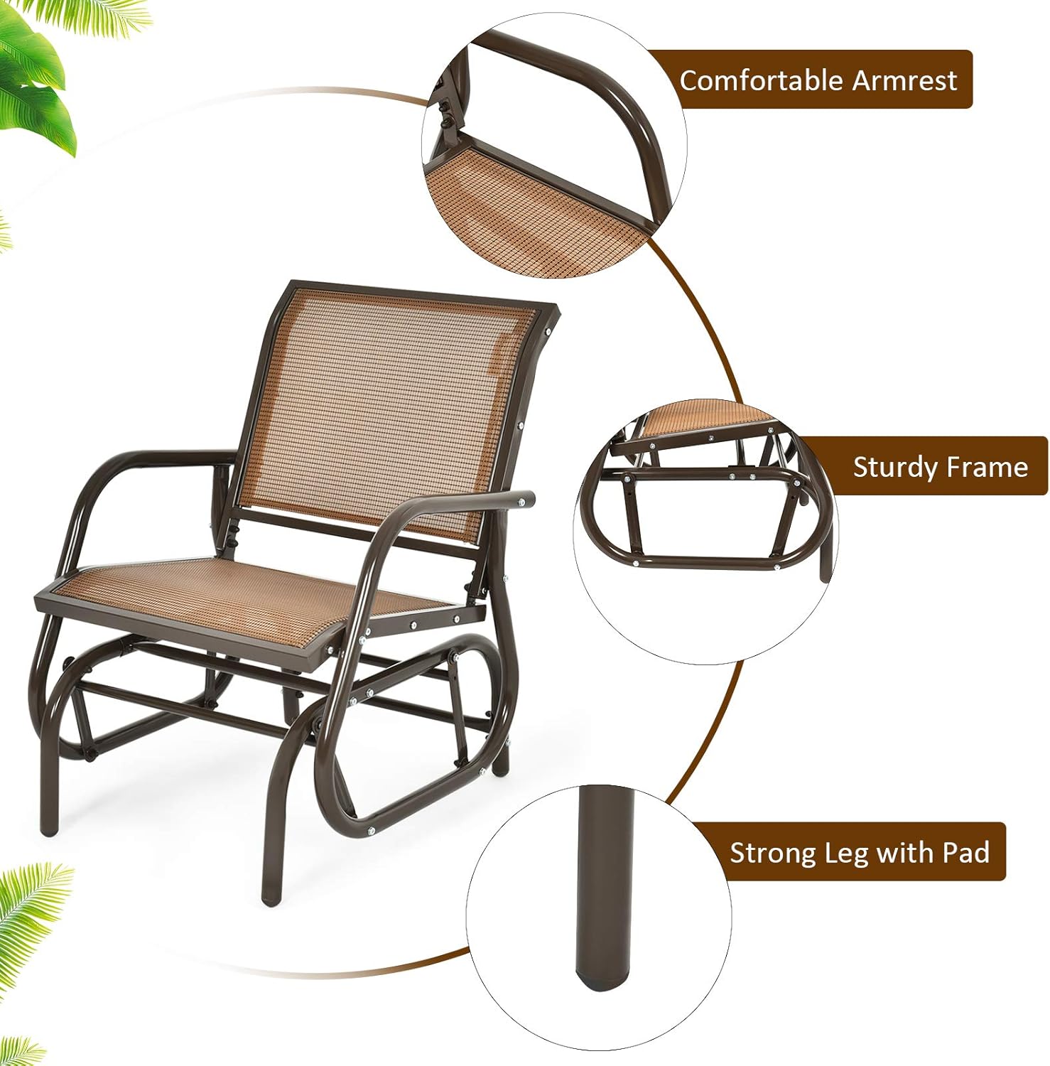 Giantex Swing Glider Chair W/Study Metal Frame Comfortable Patio Chair Love-Seat for Garden, Porch, Backyard, Poolside, Lawn Outdoor Rocking Chair (2, Brown)