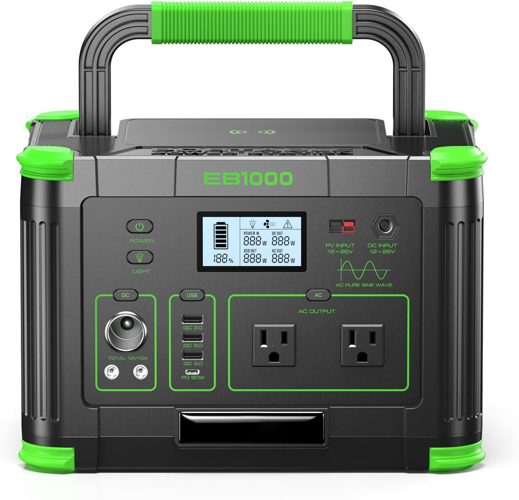 Portable Power Station 1000W (Peak 2000W), 999Wh Solar Generator with 110V Pure Sine Wave AC Outlet, 60W USB-C PD, 10 Ports for Camping RV Van Home Backup Emergency Off-Grid Living