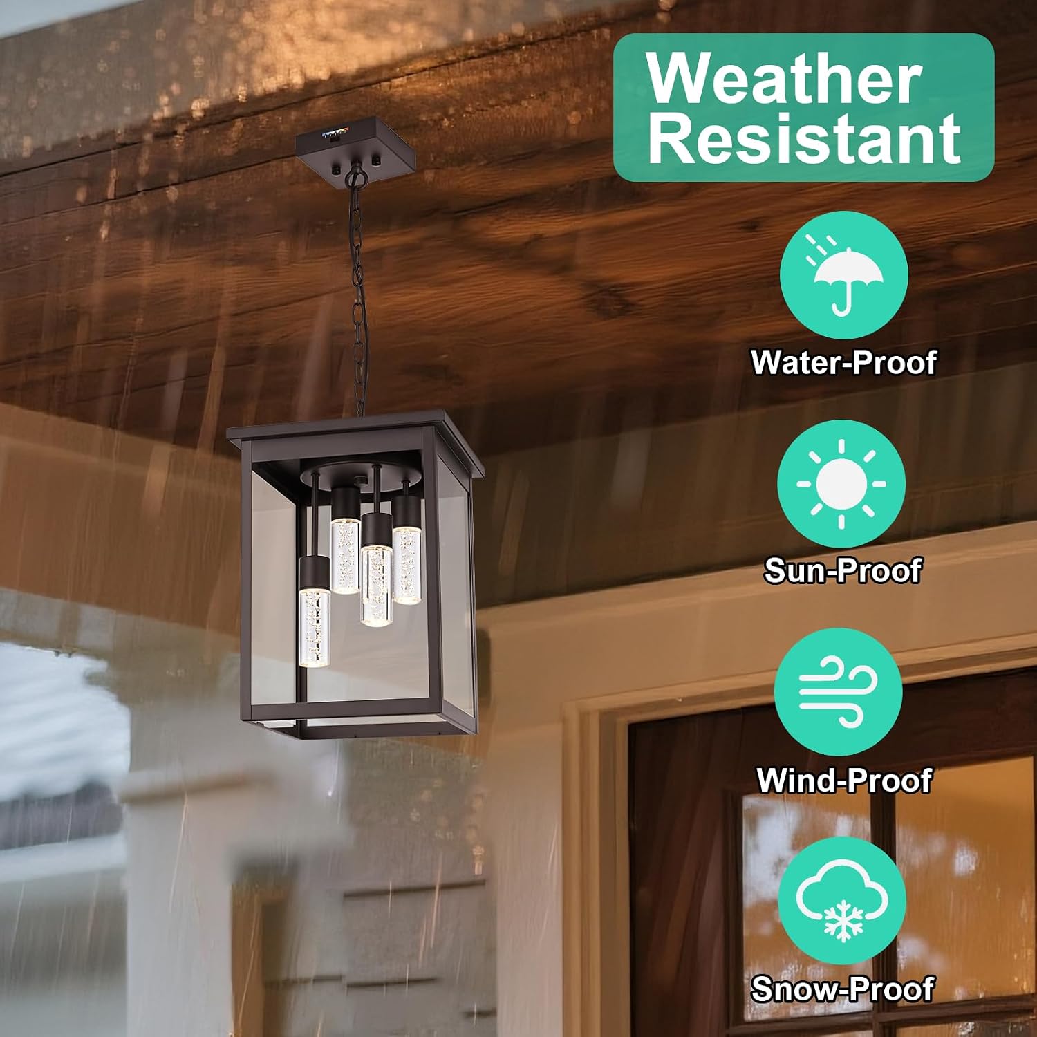 Yaohong 16.7' Large 5CCT LED Outdoor Pendant Light, 4-Lights Modern Oil Rubbed Bronze Hanging Ceiling Fixture with Acrylic Column & Clear Glass, Weatherproof Chandelier for Porch Gazebo Patio Entryway