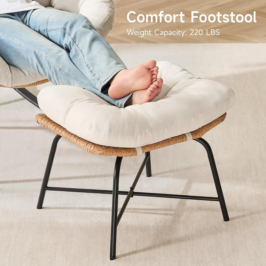 ONBRILL Papasan Rocking Chair with Ottoman,Oversized Papasan Chair with Padded Cushion, Indoor & Outdoor Rocker Chair for Living Room, Patio, Garden, Cream White