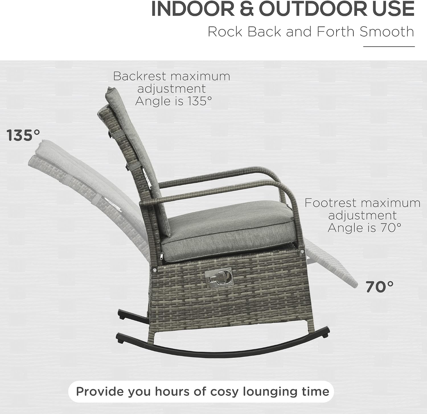 Outsunny Wicker Outdoor Rocking Chair, Patio Recliner with Adjustment Backrest, PE Rattan Lounge Chair with Adjustable Footrest and Cushions for Garden, Backyard, Porch, Gray