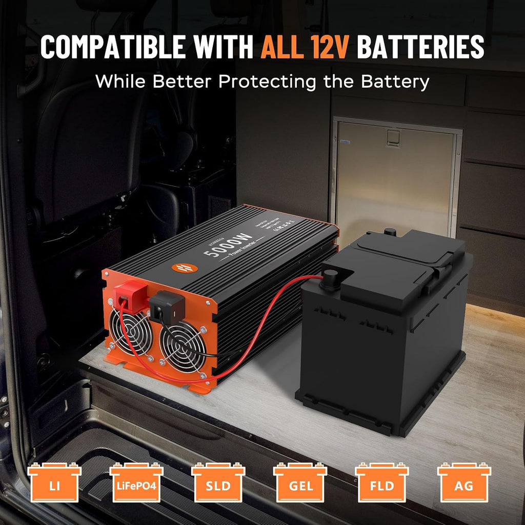 5000 Watt Power Inverter 12V DC to 110V/120V AC Converter Peak Power 10000W Car Inverter with LCD Display 3 AC Outlets, 2 USB & Type-C Port for RV,Truck,Off-Grid Solar System with Remote Controller