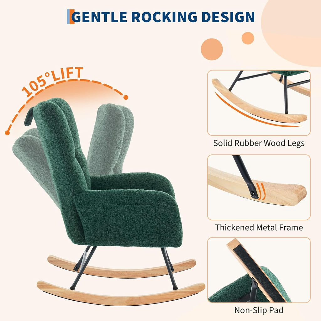 Nursery Rocking Chair,300Lb Glider Chair with Wood Legs/Two Side Pockets,Teddy Upholstered Glider Rocker with Padded Seat High Backrest for Living Room/Bedroom/Nursery