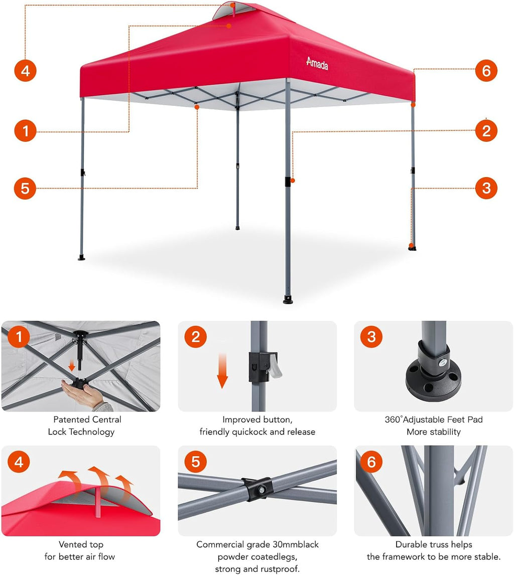 Amada 10x10 Pop Up Canopy - Center Lock One Push Instant Setup Wheeled Gazebo Outdoor Canopy Beach Tent with STO-N-Go Bag 8 Stakes & 4 Sand Bags, 3-Height Adjustable Shade Shelter (10x10ft, Red)