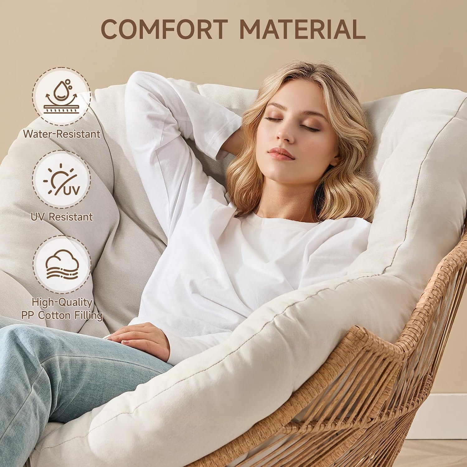 ONBRILL Papasan Rocking Chair with Ottoman,Oversized Papasan Chair with Padded Cushion, Indoor & Outdoor Rocker Chair for Living Room, Patio, Garden, Cream White